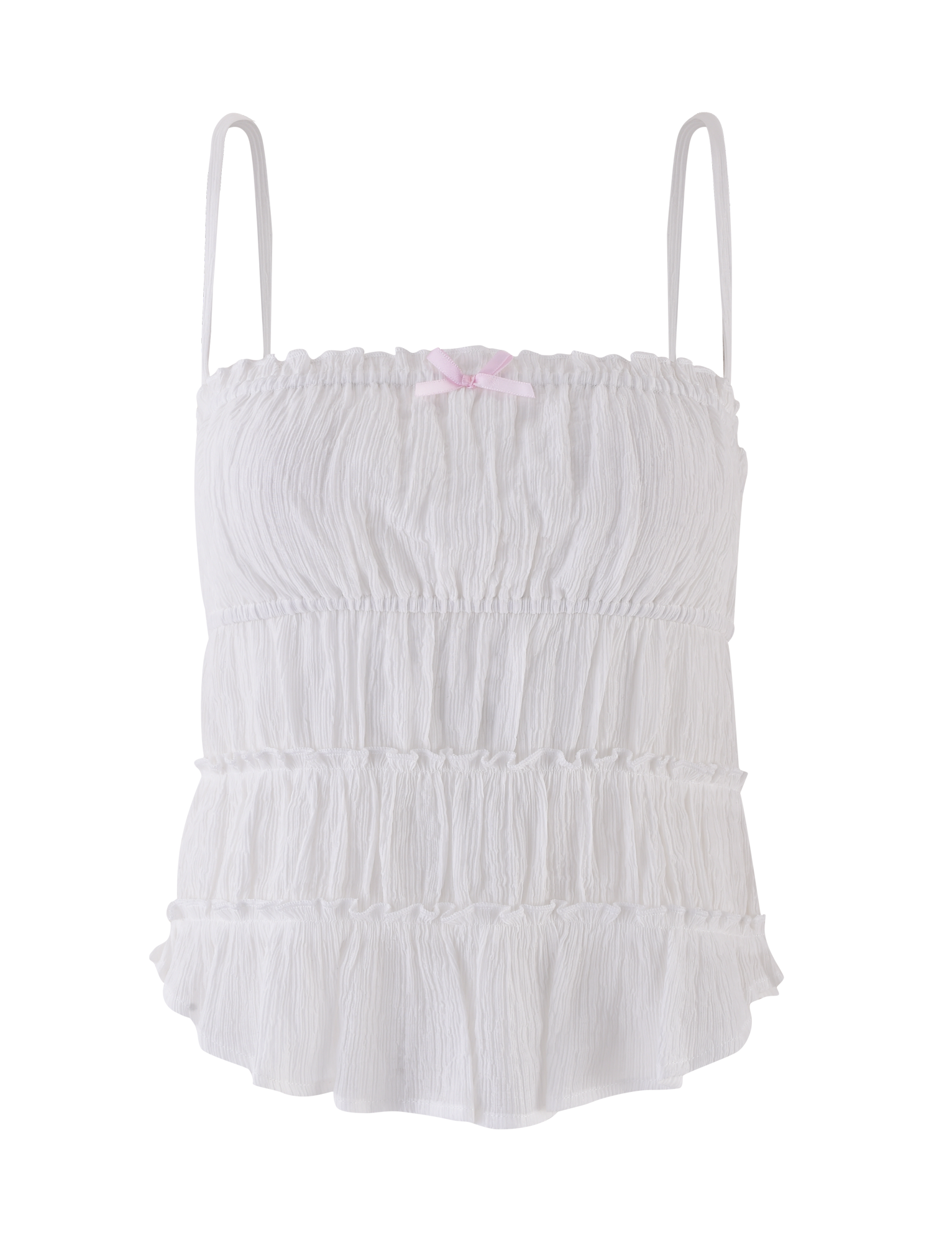 The ASHLYNN TOP - WHITE by TIGERMIST is a white tiered cami with adjustable straps, sleeveless design, and a satin bow at the center neckline for a feminine touch.