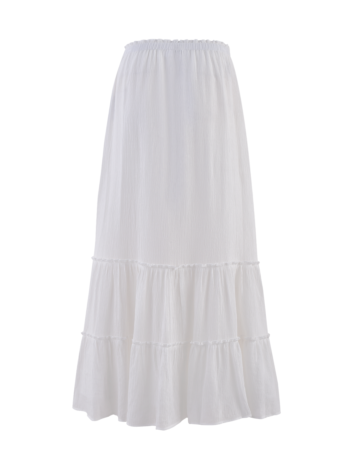 The ASHLYNN MAXI SKIRT by TIGERMIST is a white tiered maxi skirt with an elasticated waist, flowy lightweight fabric, and a contrast satin bow trim.