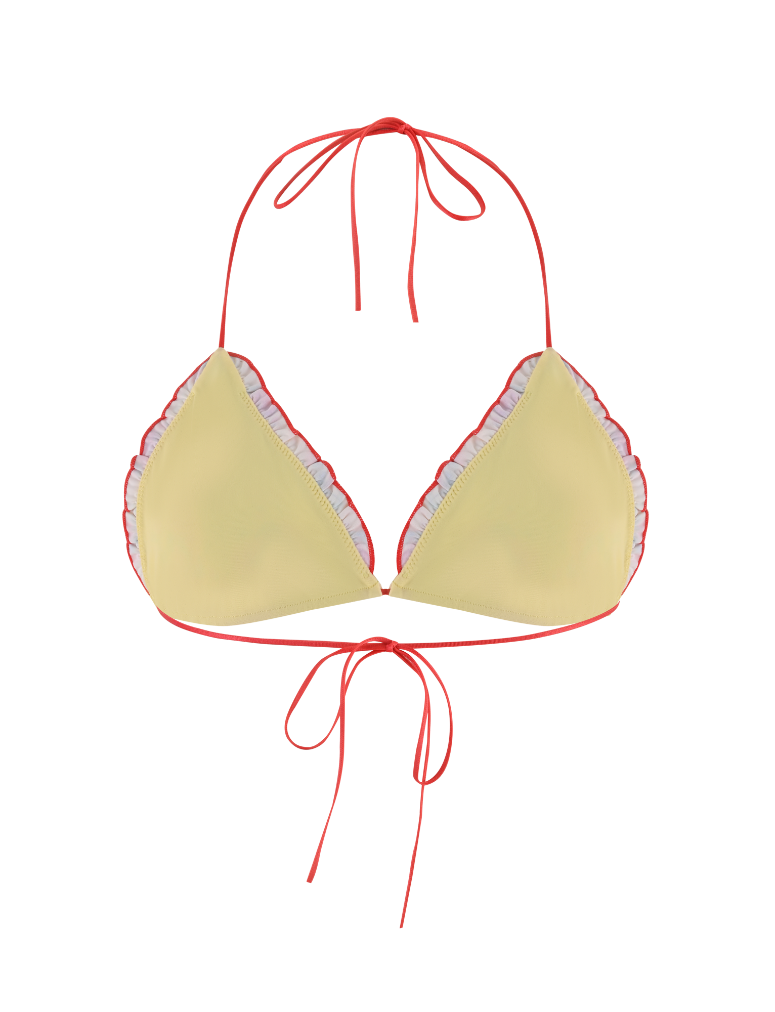 The AMALIE BIKINI TOP - SUMMER BLOSSOM by TIGERMIST features a yellow triangle design with white ruffle trim on the cups and red halter neck and back ties, shown against a plain background.