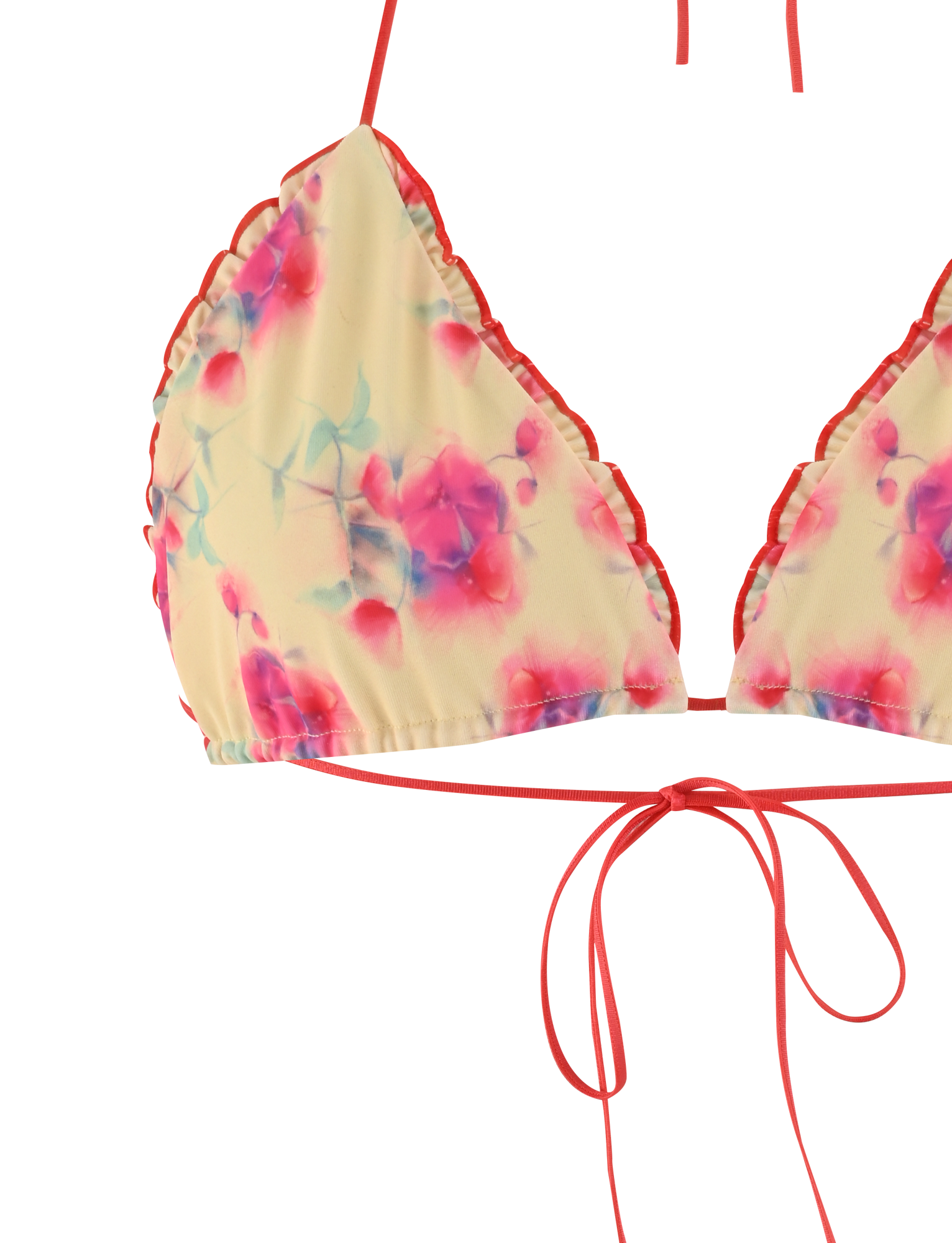 The AMALIE BIKINI TOP - SUMMER BLOSSOM by TIGERMIST features a floral print with pink and blue flowers on a light yellow background, adjustable ties, and a ruffled edge for a customizable fit.