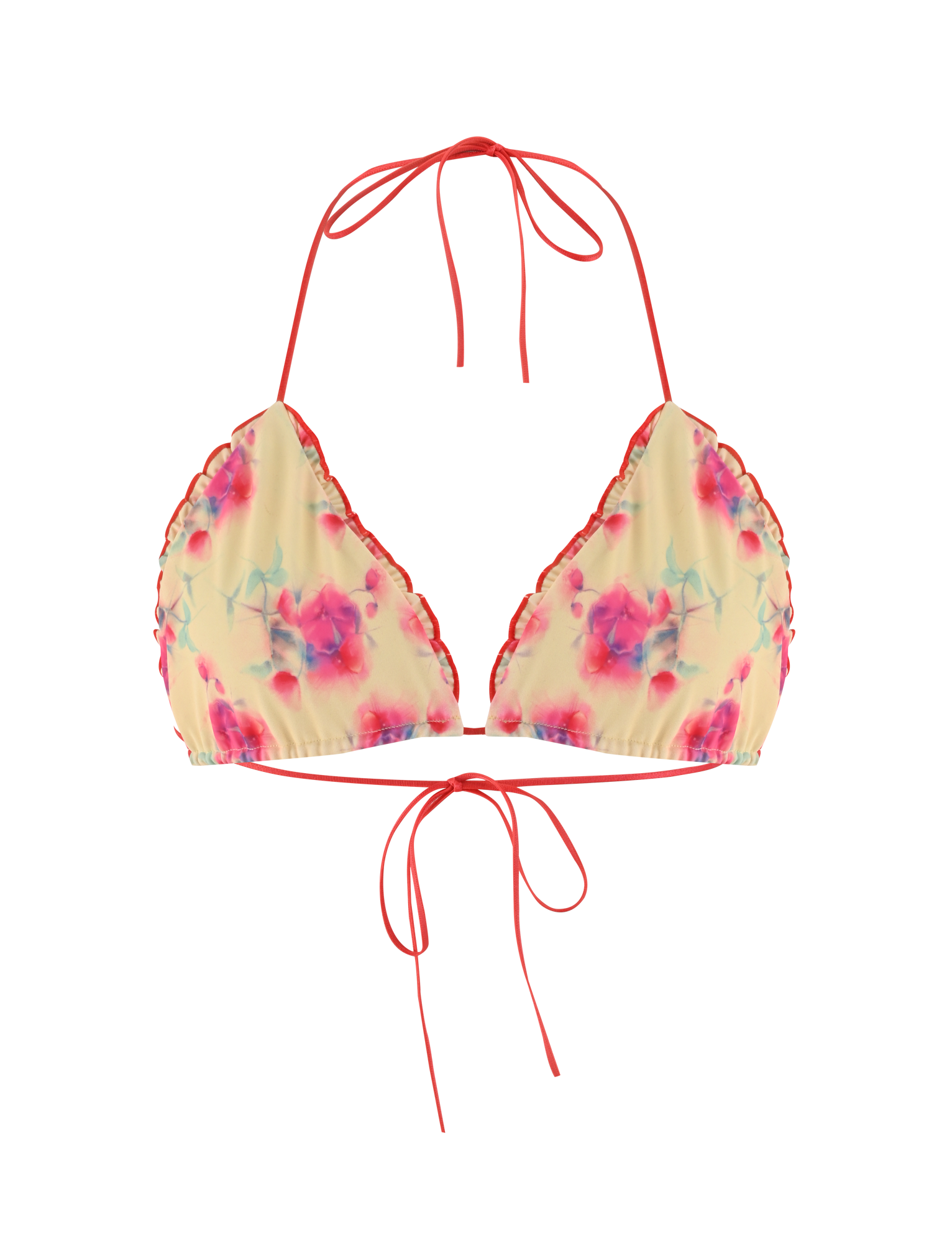 The AMALIE BIKINI TOP - SUMMER BLOSSOM by TIGERMIST is a halter-neck, triangle bikini with a yellow base and pink floral print, plus adjustable neck and back ties—ideal for sunny days.