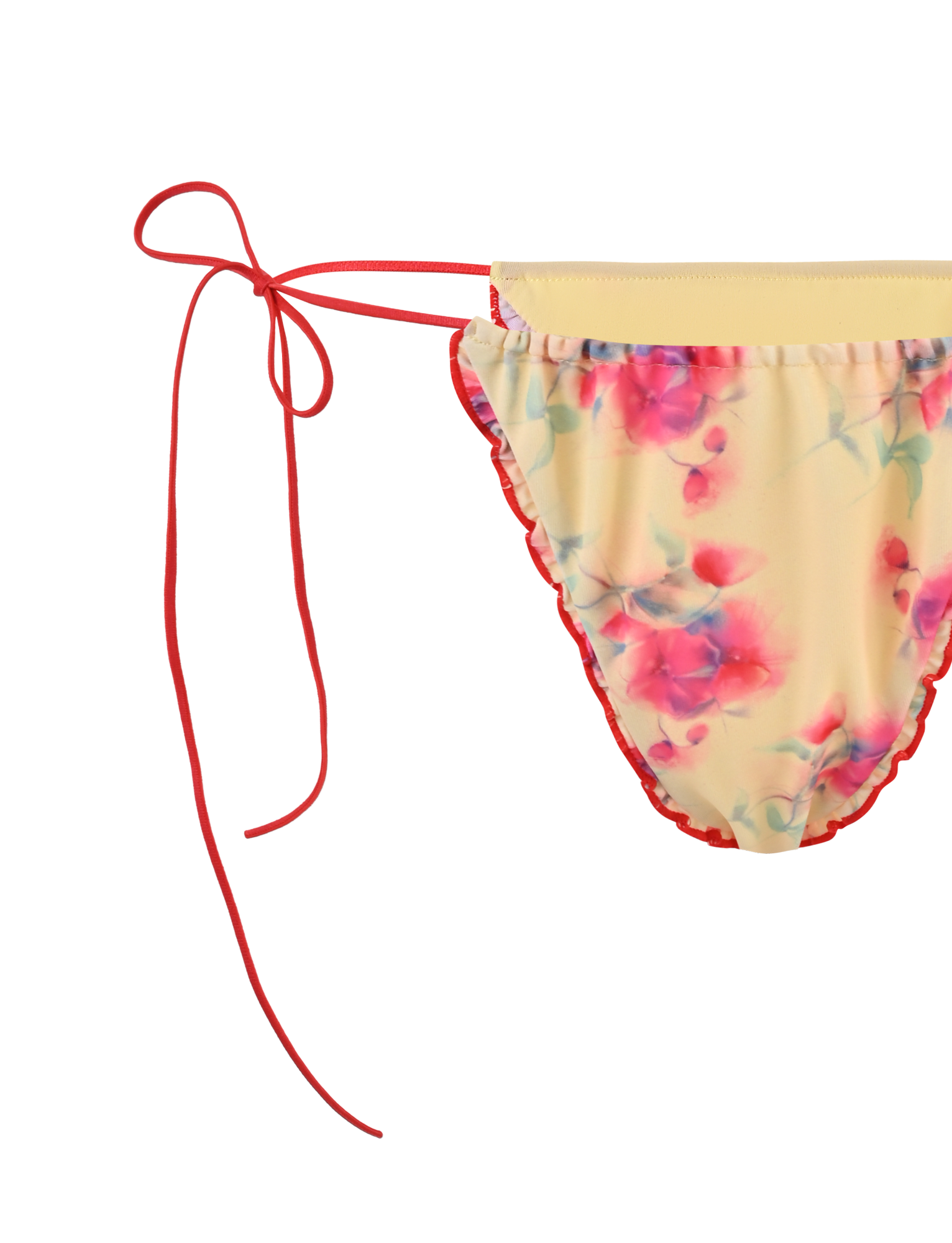 The AMALIE 2PC BIKINI BOTTOM - SUMMER BLOSSOM by TIGERMIST features a yellow floral design with pink and red blooms, red side ties, frilled details, and ruffled edges.