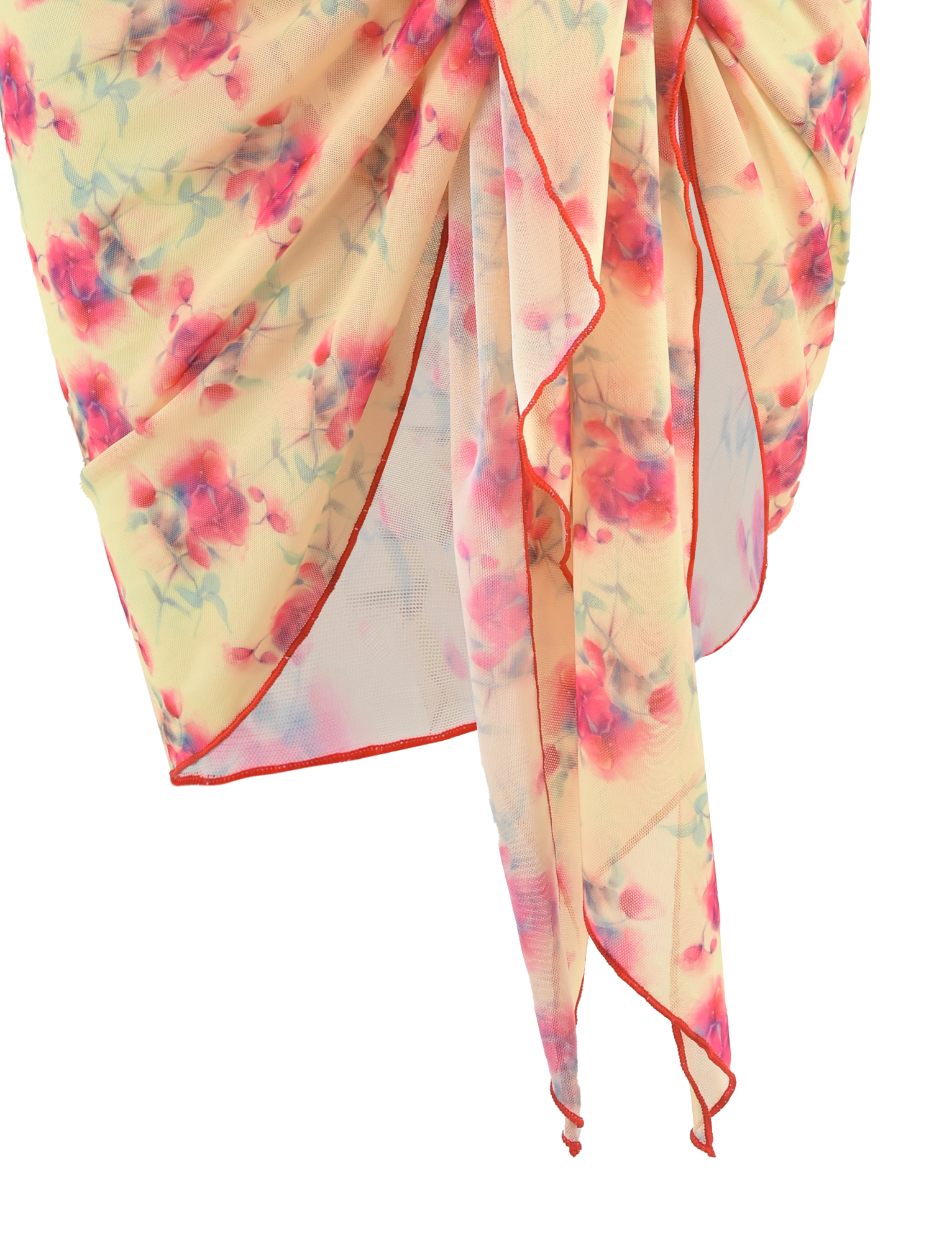 The TIGERMIST AMALIE 2PC BIKINI BOTTOM in Summer Blossom features a sheer, softly draped floral print with pink and green hues and bold red trim.
