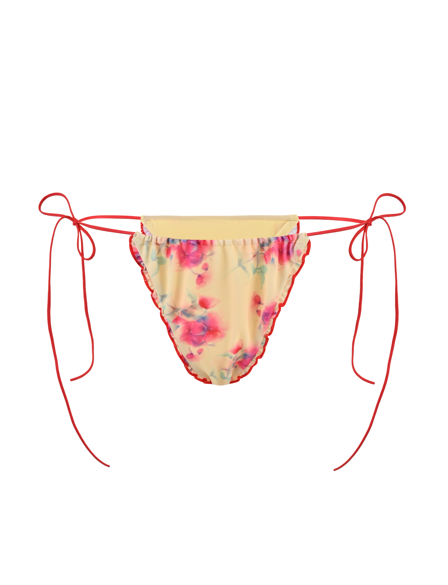 The AMALIE 2PC BIKINI BOTTOM - SUMMER BLOSSOM by TIGERMIST features a yellow base with pink floral print and red adjustable side ties.