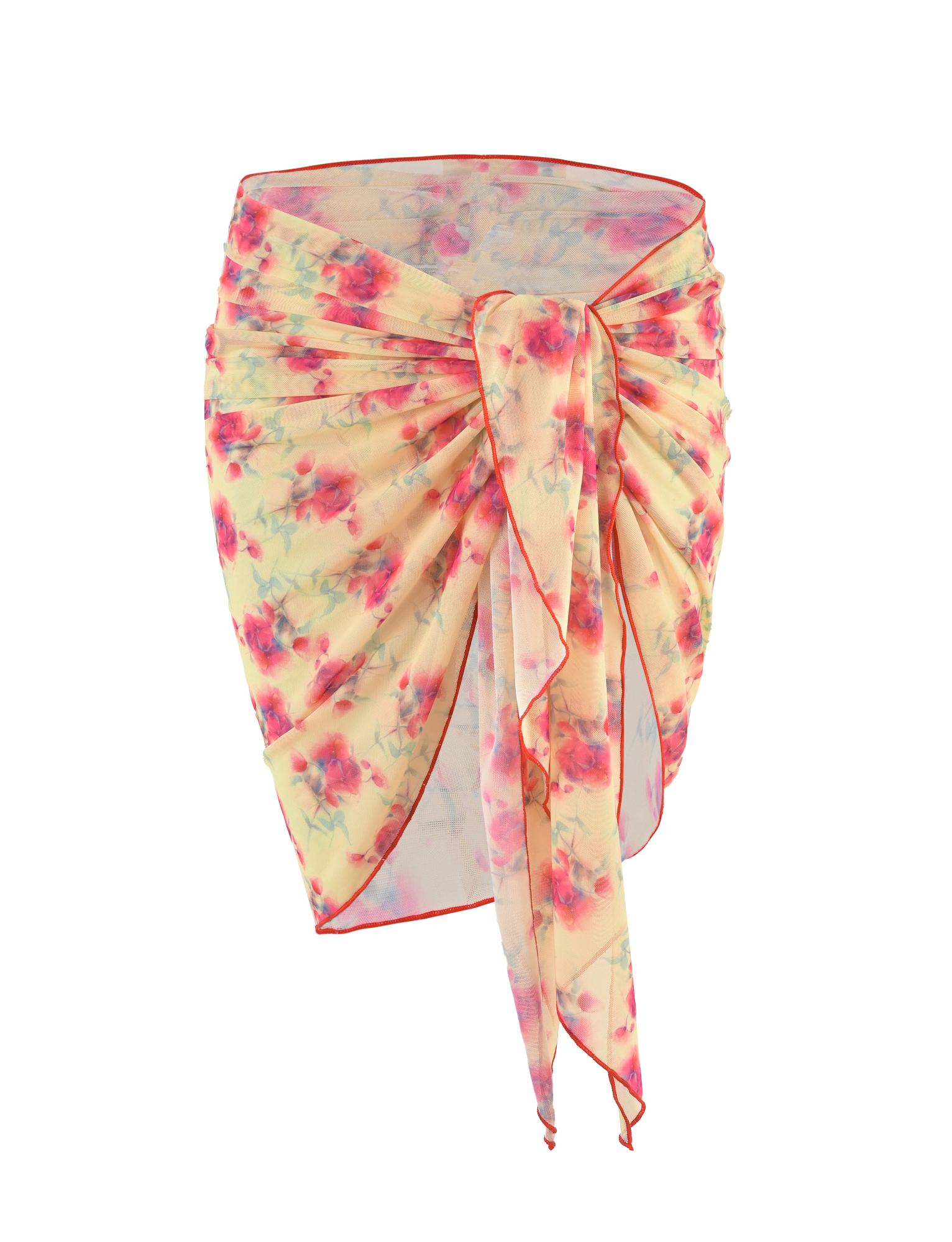 The TIGERMIST AMALIE 2PC BIKINI BOTTOM - SUMMER BLOSSOM pairs perfectly with a sheer, light yellow sarong set featuring pink and green florals, tied in a draped bow for an elegant, flowy beachwear look.