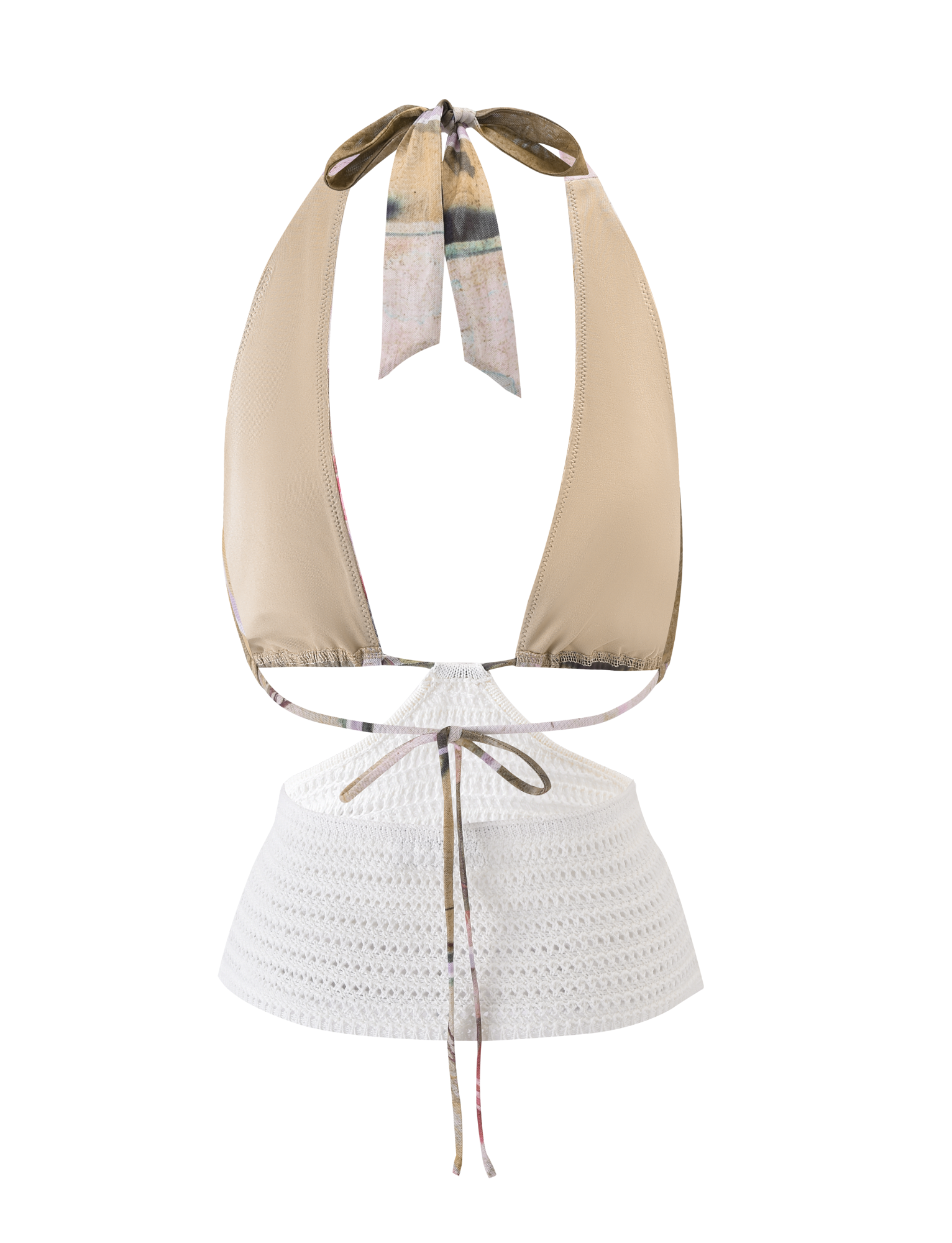 The TILLEY TOP - ROSE POSTCARD by TIGERMIST is a beige halter bikini with an exclusive print and patterned neck ties, styled with a white lacy skirted bottom featuring a waist tie and chic crochet texture.