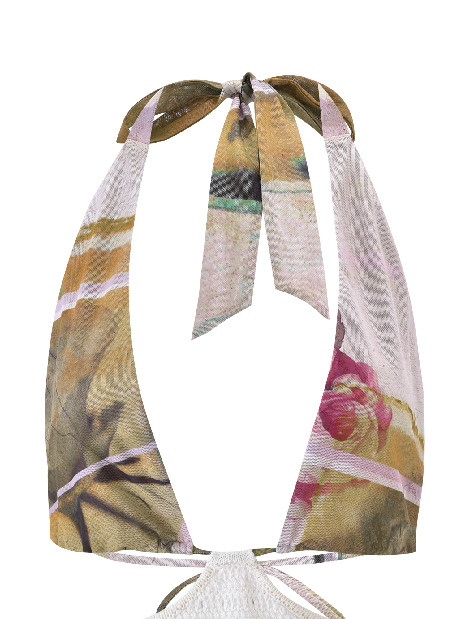 The TILLEY TOP - ROSE POSTCARD by TIGERMIST is a floral halter bikini top with a pastel abstract print, pink and yellow flowers, and a neck tie.