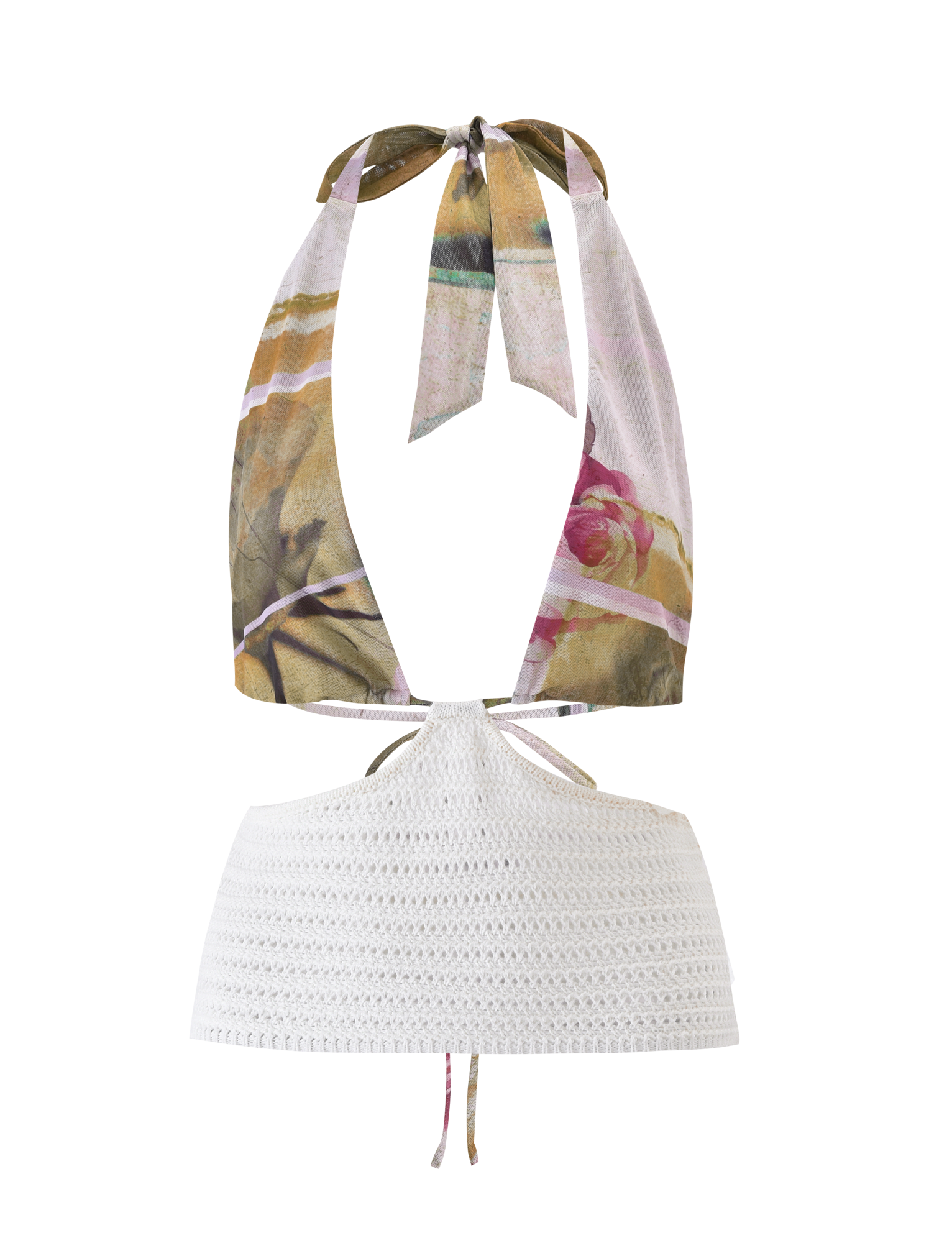 The TILLEY TOP - ROSE POSTCARD by TIGERMIST is a stylish crochet top with a floral mesh, satin-like upper, white crocheted lower section with pointed hem, neck ties, and an open back.