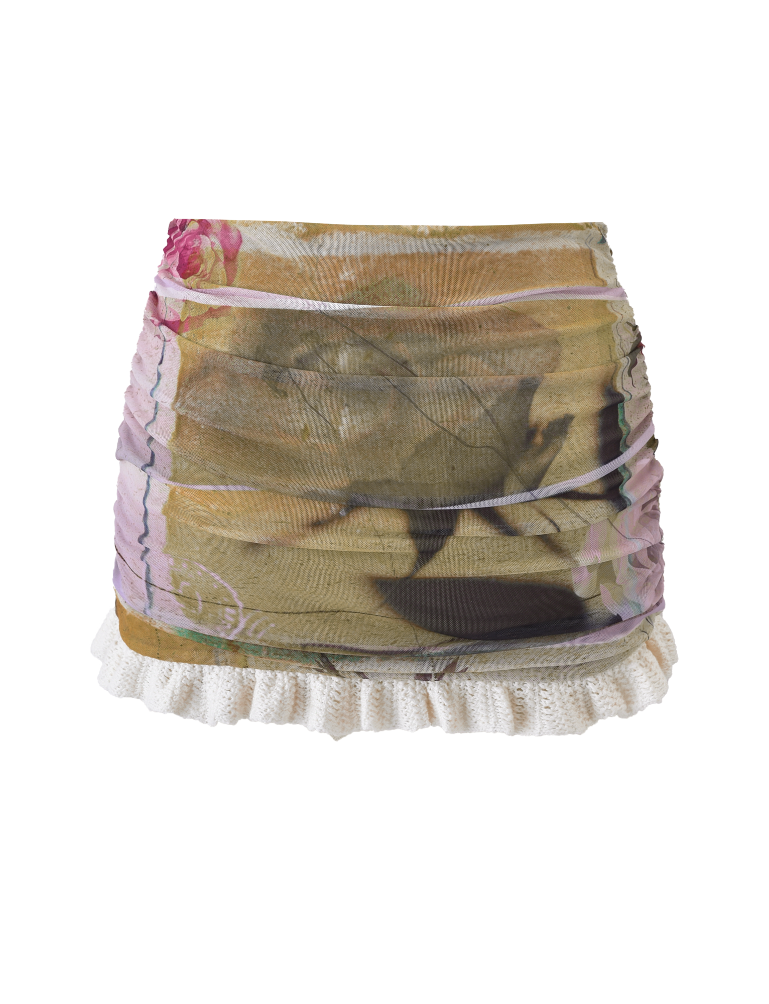 The TILLEY MINI SKIRT - ROSE POSTCARD by TIGERMIST is a fitted, ruched floral mini skirt with a nature-inspired print, earthy and pink tones, and crochet ruffle lace trim at the hem.