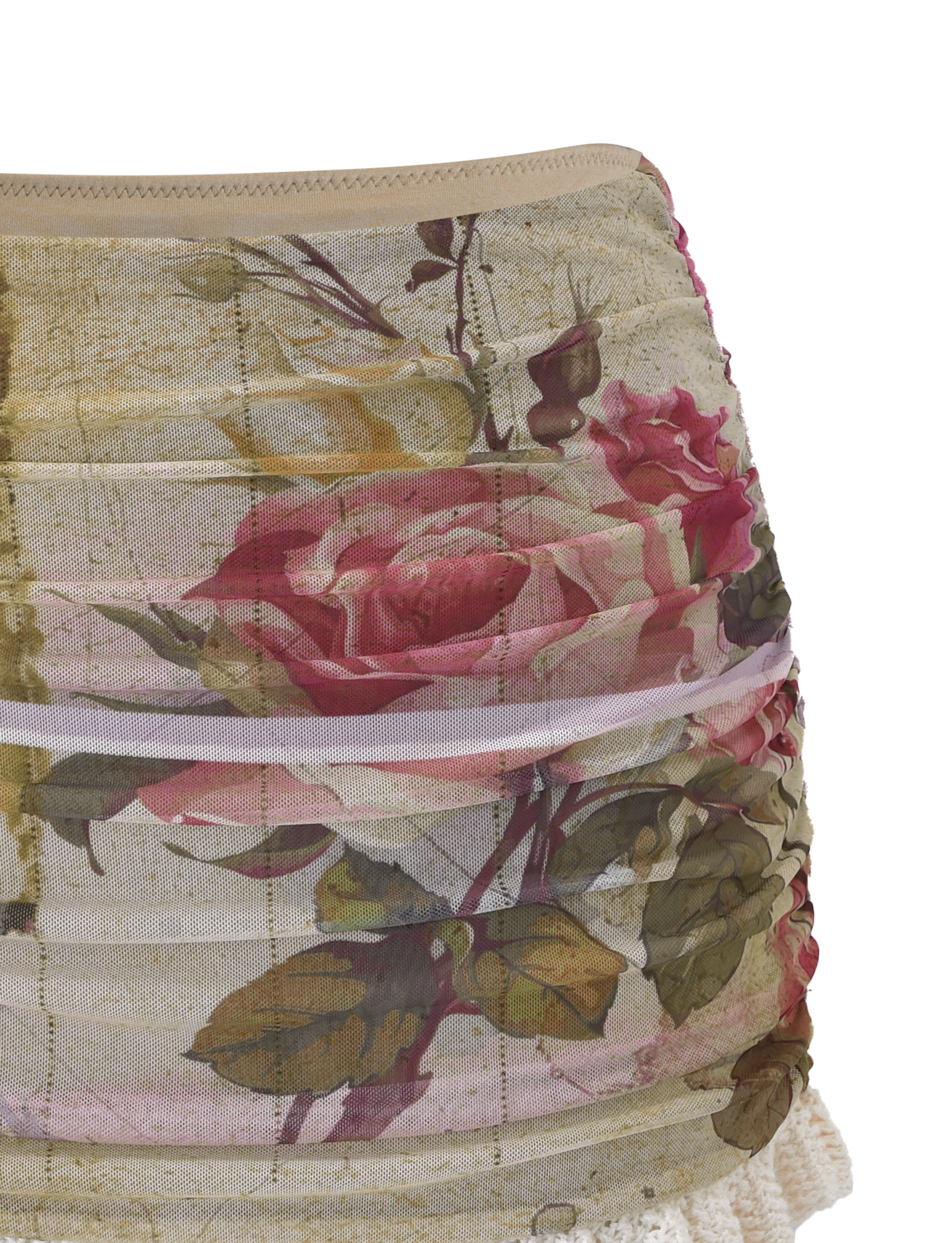 The TIGERMIST TILLEY MINI SKIRT - ROSE POSTCARD is a sheer mesh mini skirt with a pink and red rose print, green leaves, subtle ruching, a beige waistband, and lace trim at the hem.