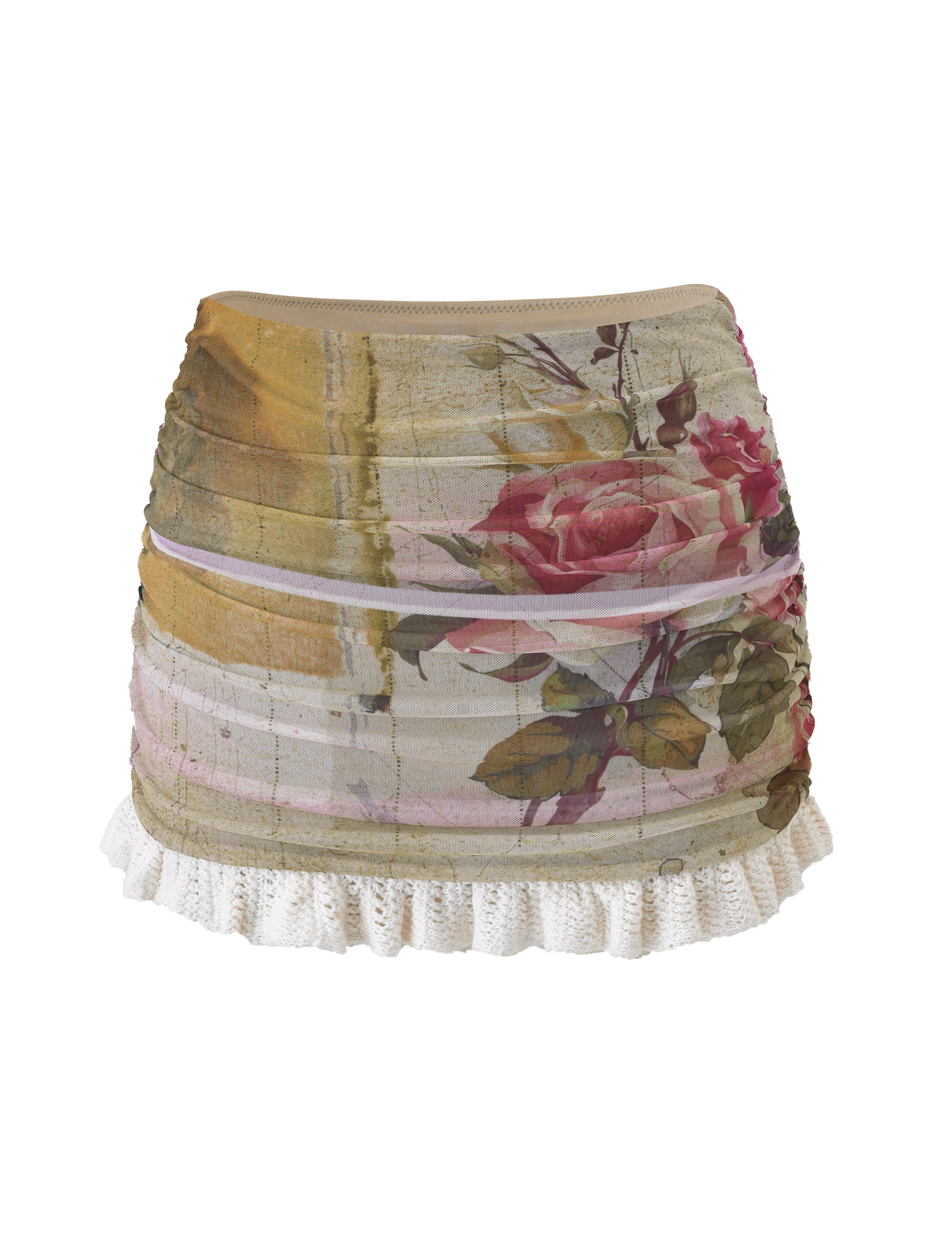 The TILLEY MINI SKIRT - ROSE POSTCARD by TIGERMIST is a soft mesh mini skirt with a vintage floral pattern of large pink roses and green leaves, ruched sides, and white lace trim along the hem.