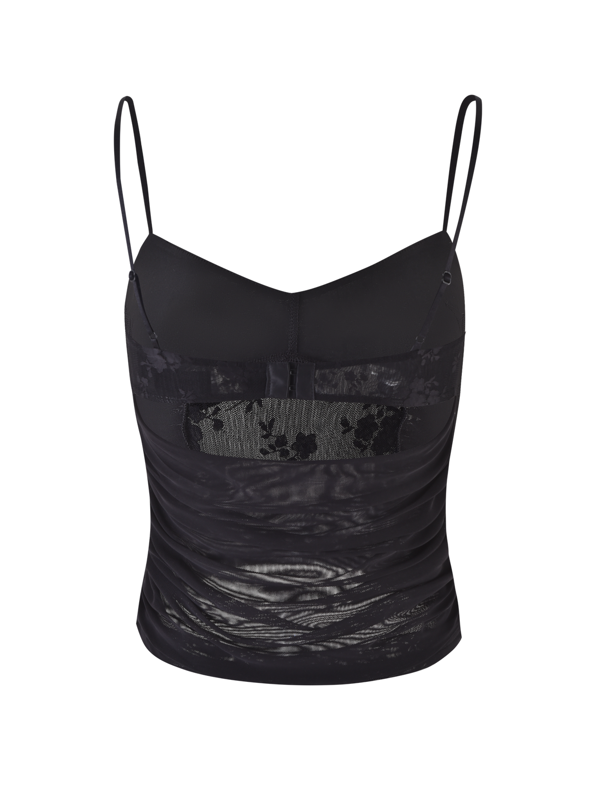 The KALLIE TOP - BLACK by TIGERMIST is a black lace camisole with thin adjustable straps, semi-sheer mesh panels, and a delicate lace design across the chest.