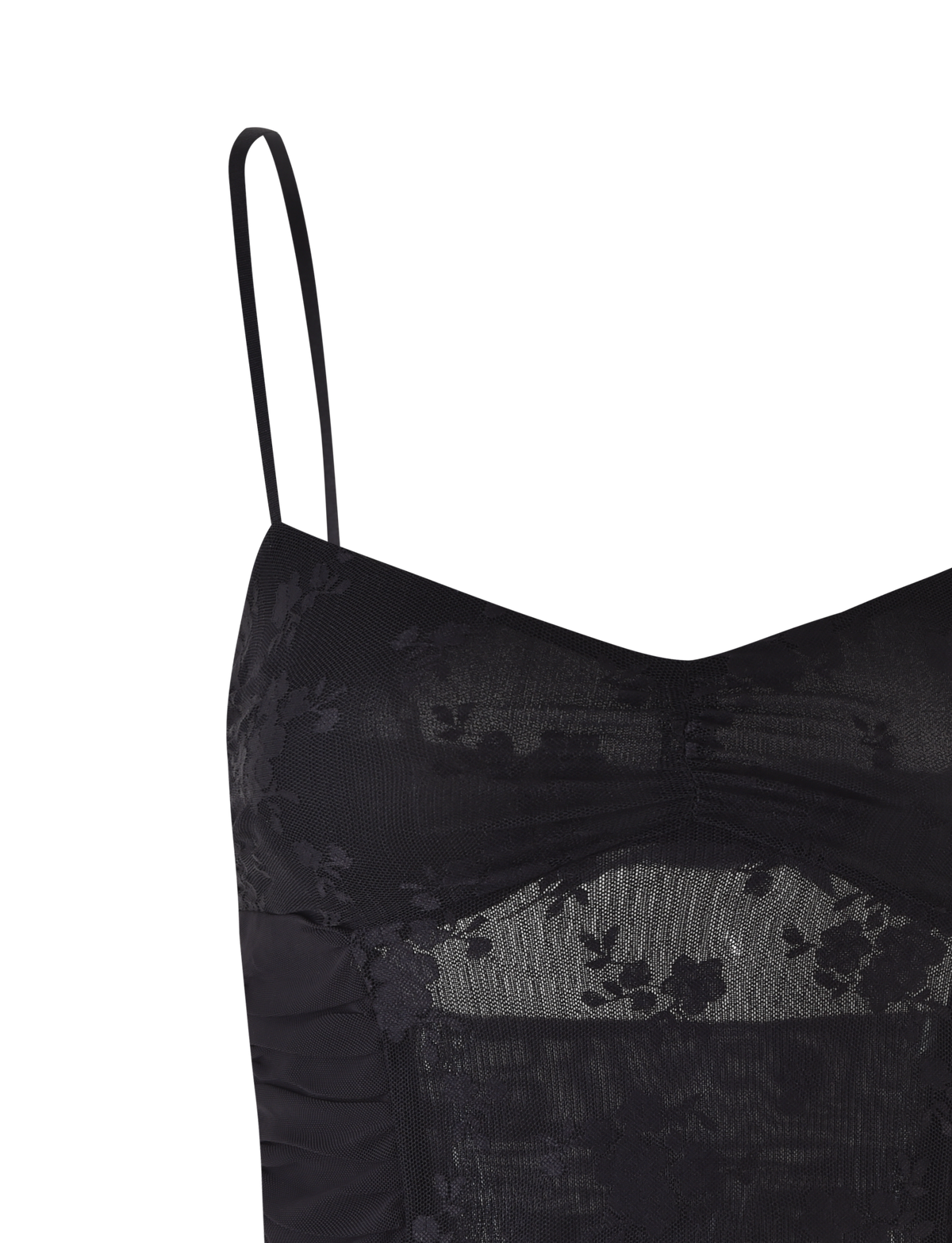 A close-up of the TIGERMIST KALLIE TOP - BLACK, showcasing its black lace with floral patterns, sheer mesh panels, and thin adjustable strap.