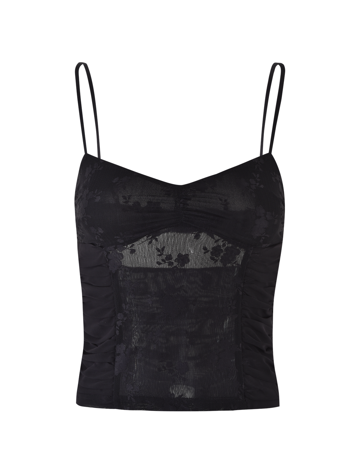 The KALLIE TOP - BLACK by TIGERMIST is a black lace camisole with thin adjustable straps, a fitted silhouette, and sheer floral mesh panels on the front and bust.