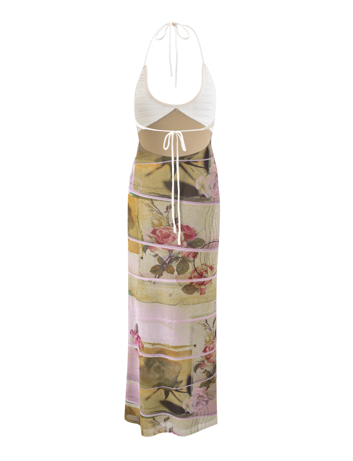 The TILLEY MAXI DRESS - ROSE POSTCARD by TIGERMIST is a sleeveless mesh maxi with contrast crochet bust cups, tie closures, white crocheted top, midriff cutout, and a long skirt with green, pink, and beige floral prints.