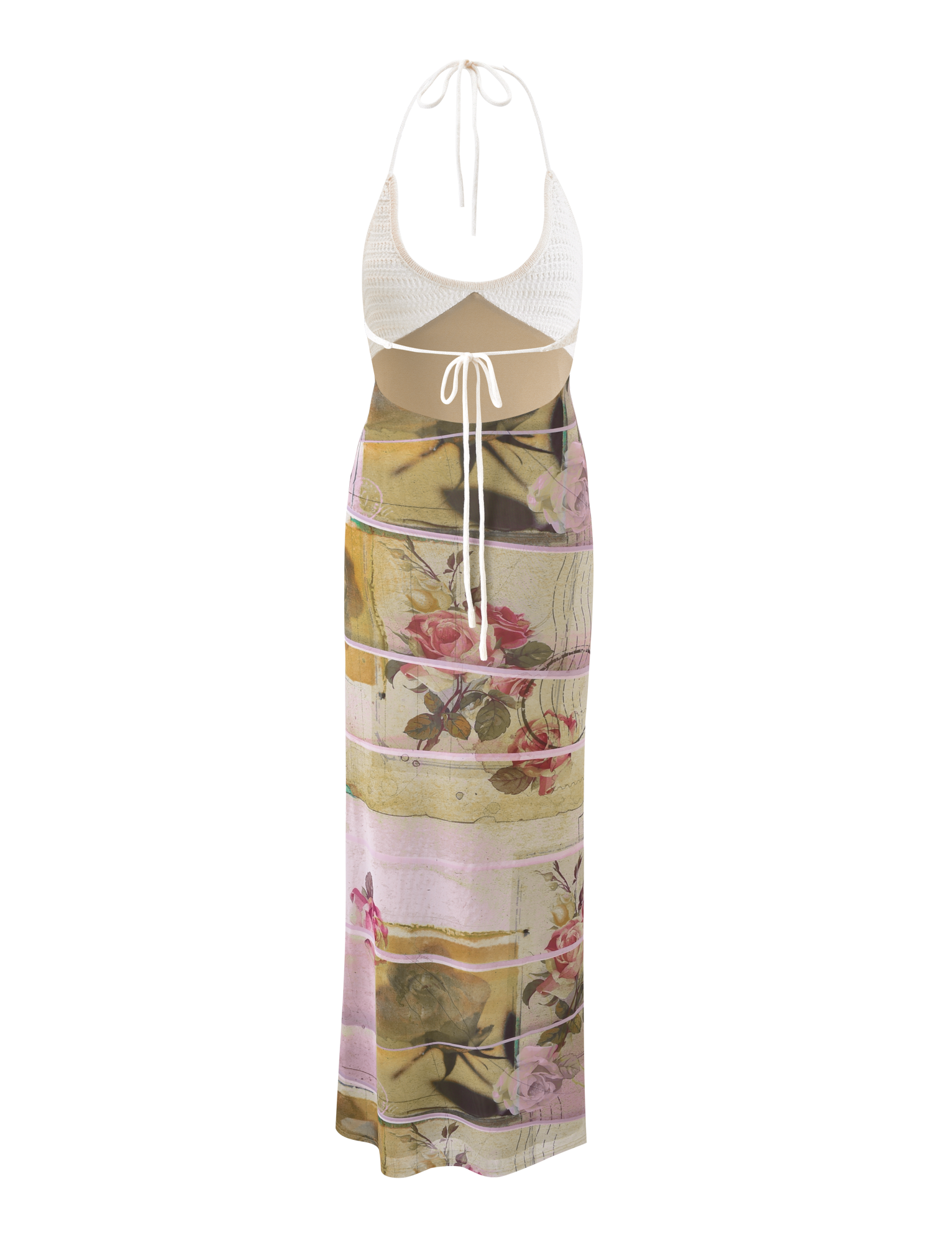 The TILLEY MAXI DRESS - ROSE POSTCARD by TIGERMIST is a sleeveless mesh maxi with contrast crochet bust cups, tie closures, white crocheted top, midriff cutout, and a long skirt with green, pink, and beige floral prints.