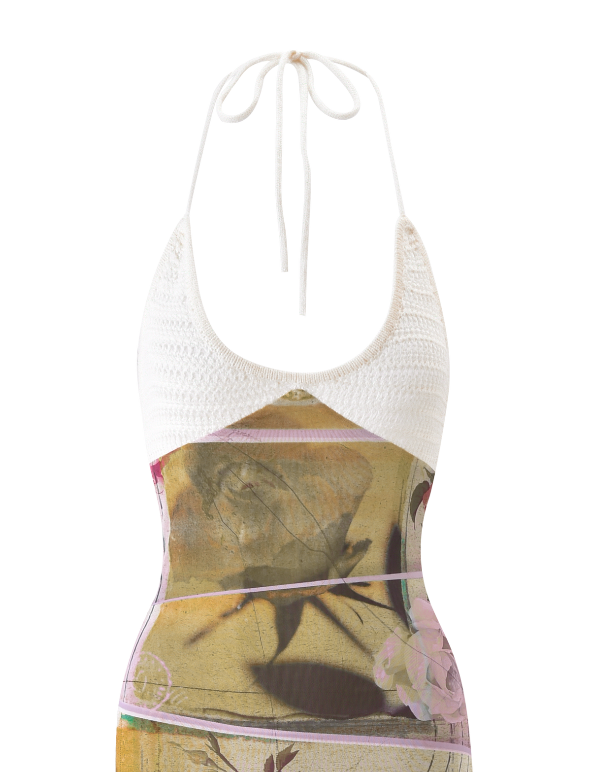 The TIGERMIST TILLEY MAXI DRESS - ROSE POSTCARD features a sleeveless halter top with contrast crochet bust cups, a white knitted bodice, and a fitted maxi skirt in earthy floral and butterfly print.