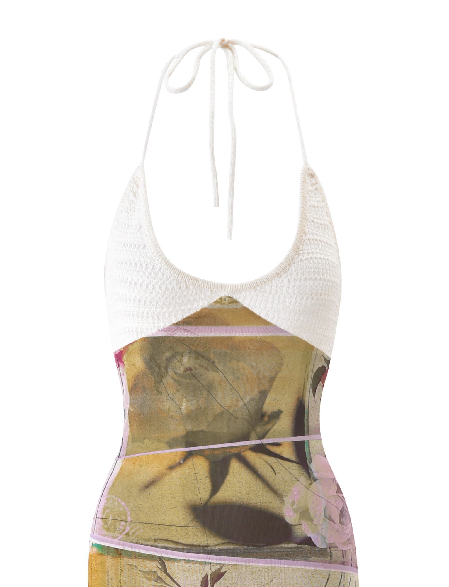 The TIGERMIST TILLEY MAXI DRESS - ROSE POSTCARD features a sleeveless halter top with contrast crochet bust cups, a white knitted bodice, and a fitted maxi skirt in earthy floral and butterfly print.