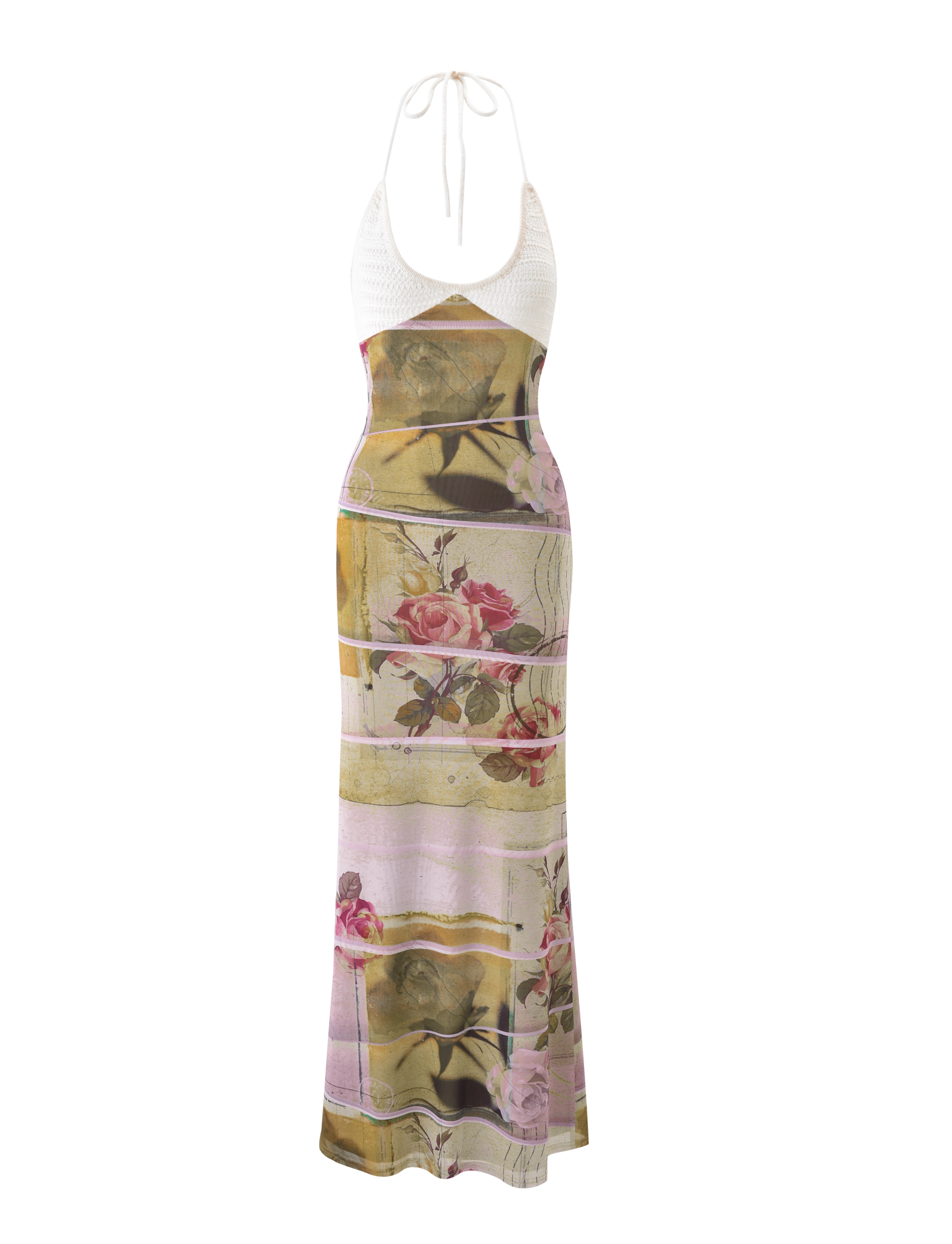 The TIGERMIST TILLEY MAXI DRESS - ROSE POSTCARD is a halter-neck mesh maxi dress with crochet bust cups and a long, flowy skirt featuring an exclusive floral print in green, pink, and yellow.