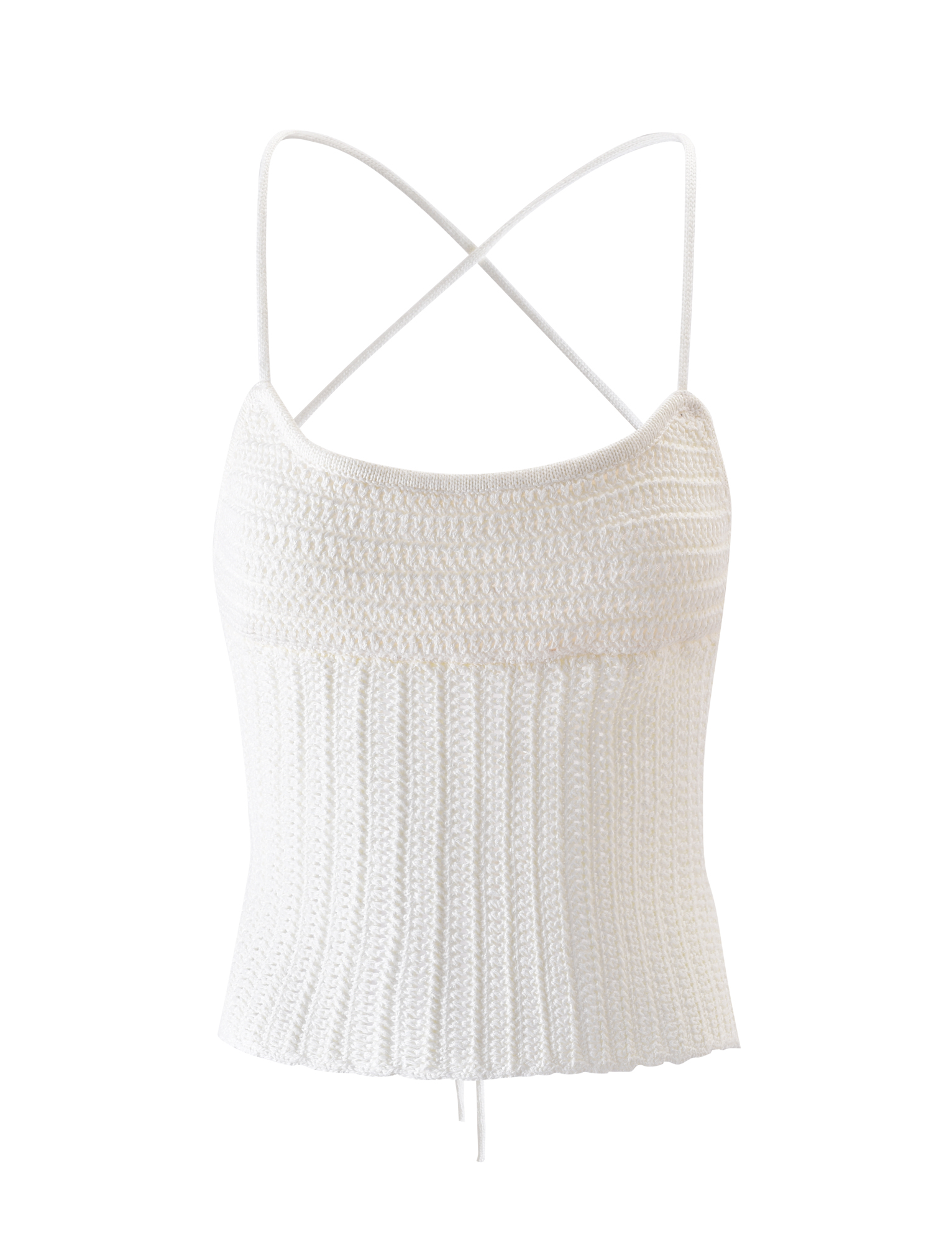 The EMELYN TOP - CREAM by TIGERMIST is a white knitted sleeveless crop top with thin crisscross straps, a lace up back, and ribbed lower half, shown on a plain white background.