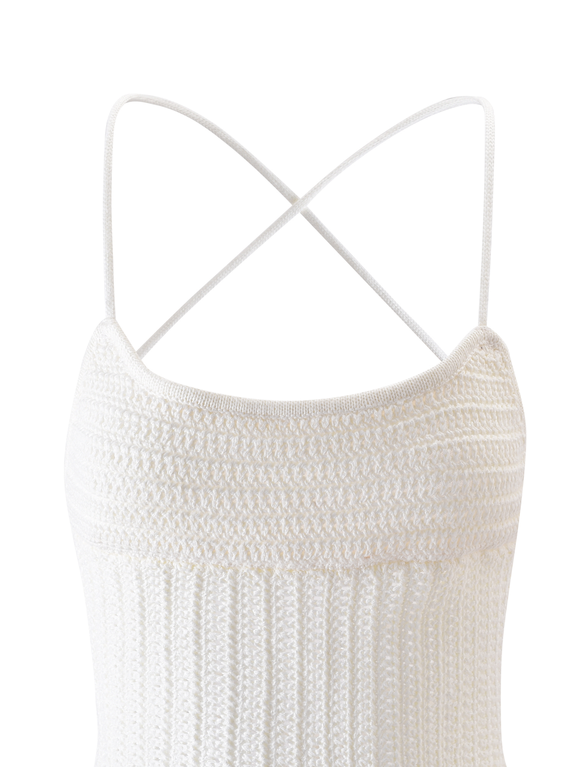 The EMELYN TOP by TIGERMIST in cream is a white crocheted top featuring thin crisscrossed spaghetti straps, a mesh-lined bust, and a ribbed lower section.