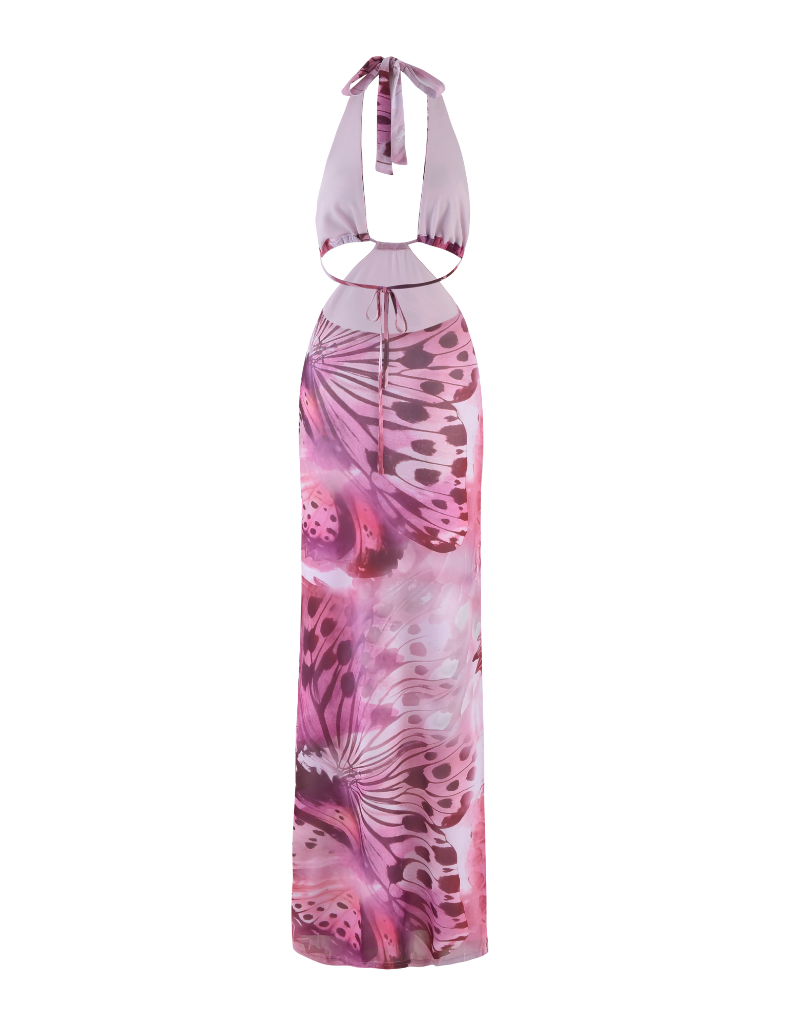 The SOLEIL MAXI DRESS - MACRO BUTTERFLY by TIGERMIST features a pink and purple butterfly wing print, a cut-out front, and adjustable halter neckline ties for a perfect fit.