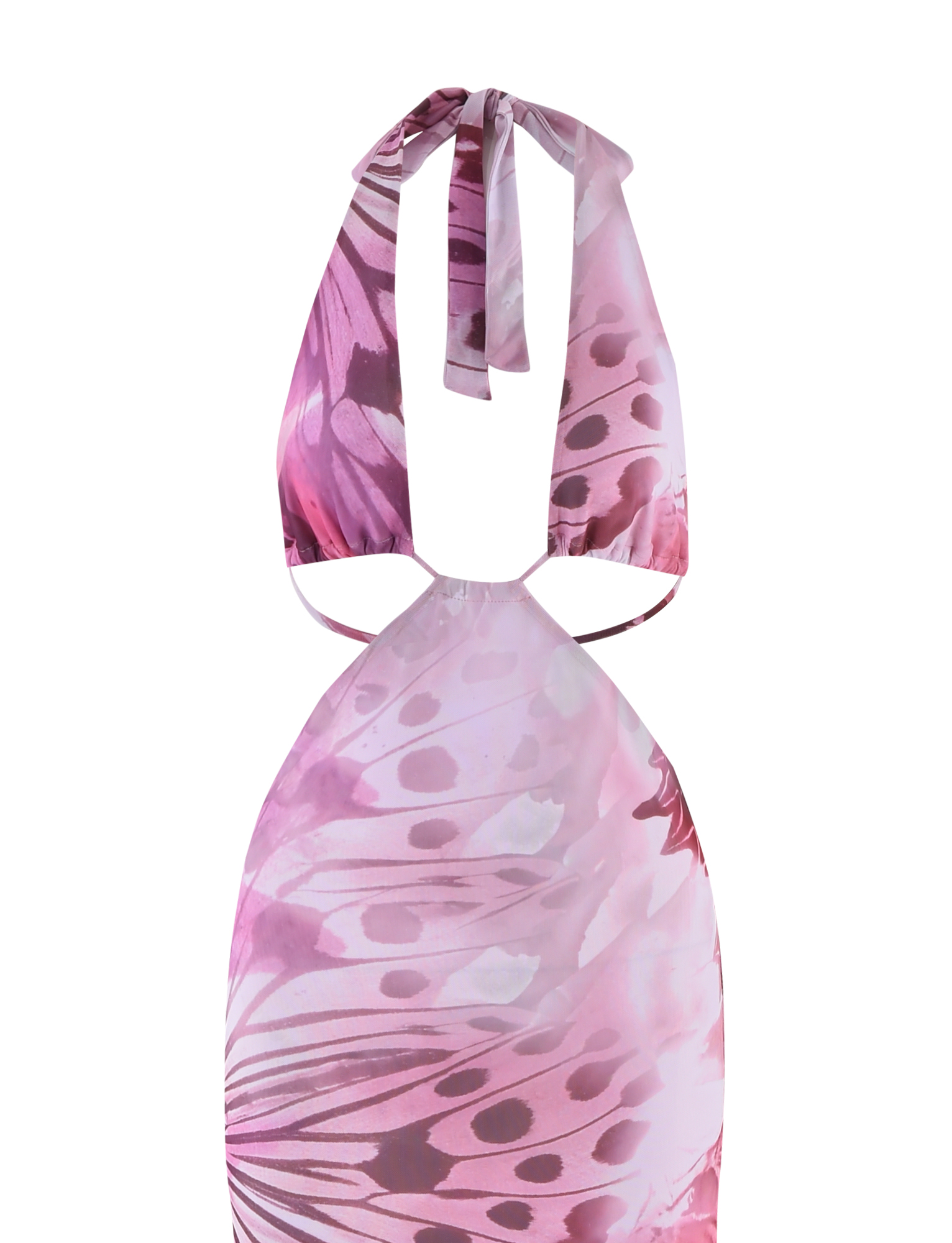 The SOLEIL MAXI DRESS - MACRO BUTTERFLY by TIGERMIST features a back view with a pink and purple butterfly wing print, adjustable halter neck ties, and a bold, artistic design.