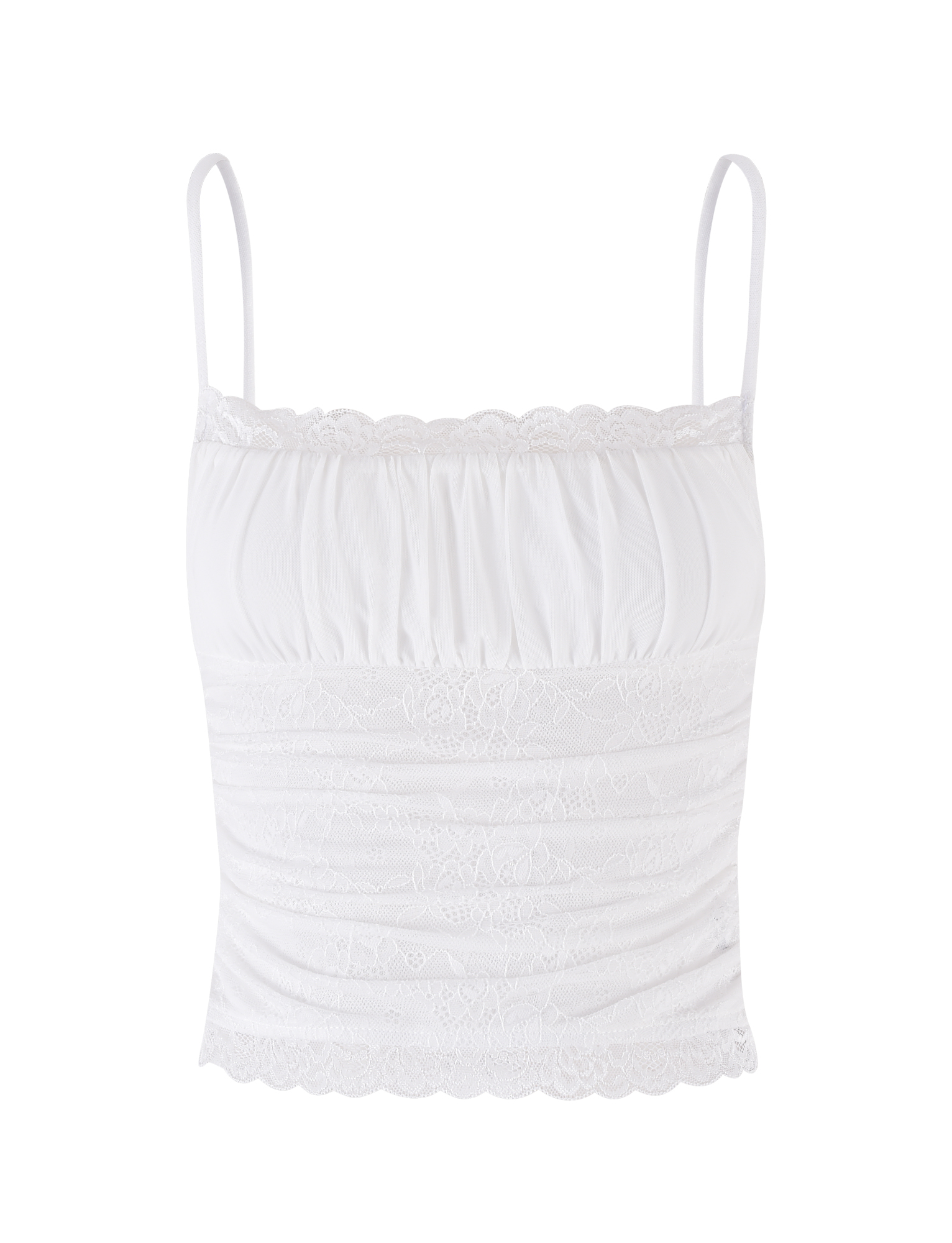 The TIGERMIST AVALYN TOP - WHITE is a mesh camisole with thin spaghetti straps, ruched bodice, and delicate lace trim at the neckline and hem.