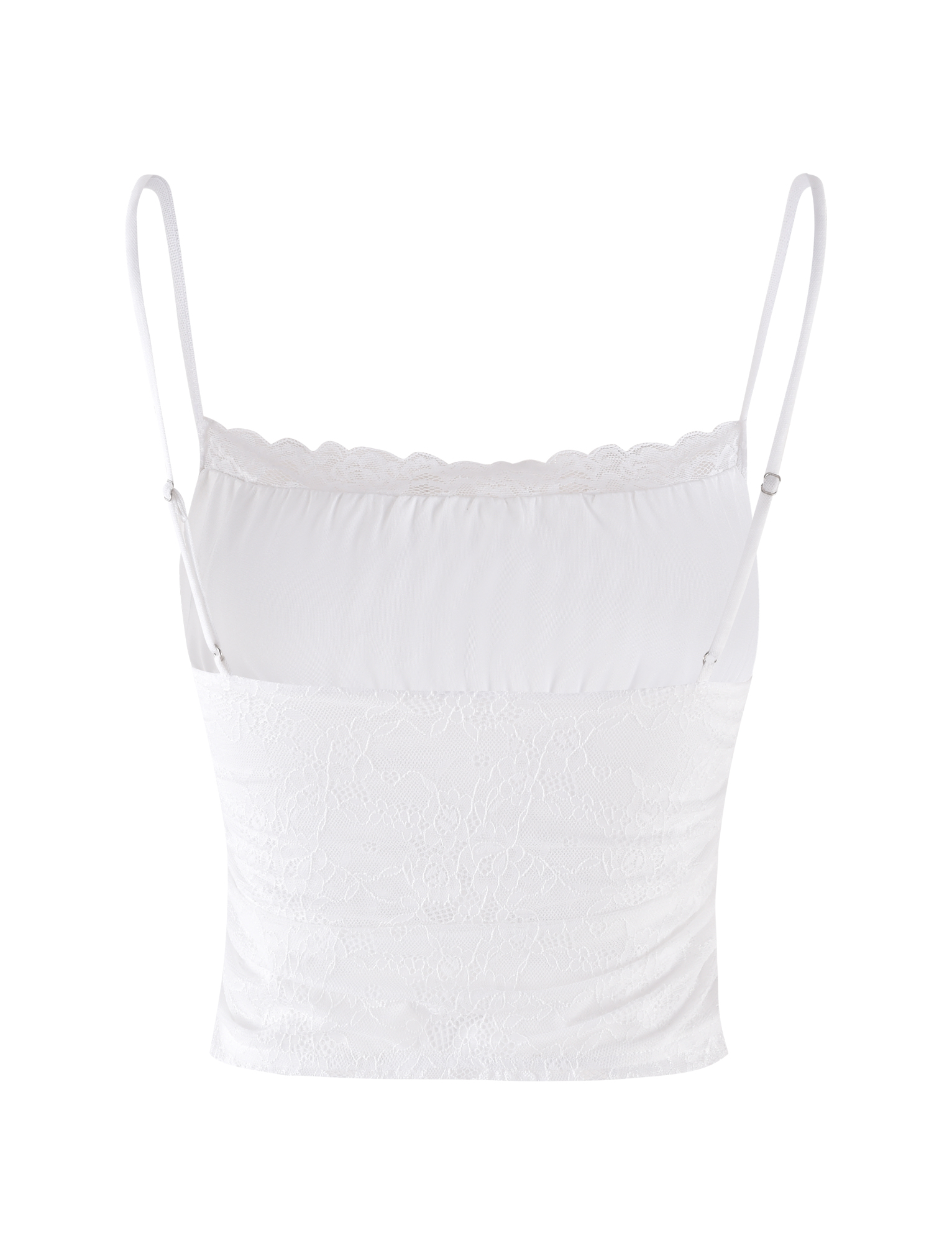 The TIGERMIST AVALYN TOP in white features thin adjustable straps, a scalloped neckline, fitted ruched design, and lightweight semi-sheer mesh fabric.