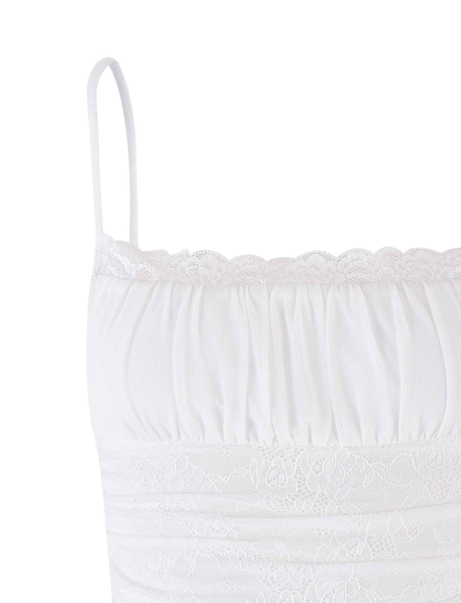 The TIGERMIST AVALYN TOP - WHITE features thin spaghetti straps, a gathered textured fabric, and delicate lace trim along the neckline for a chic, feminine look.