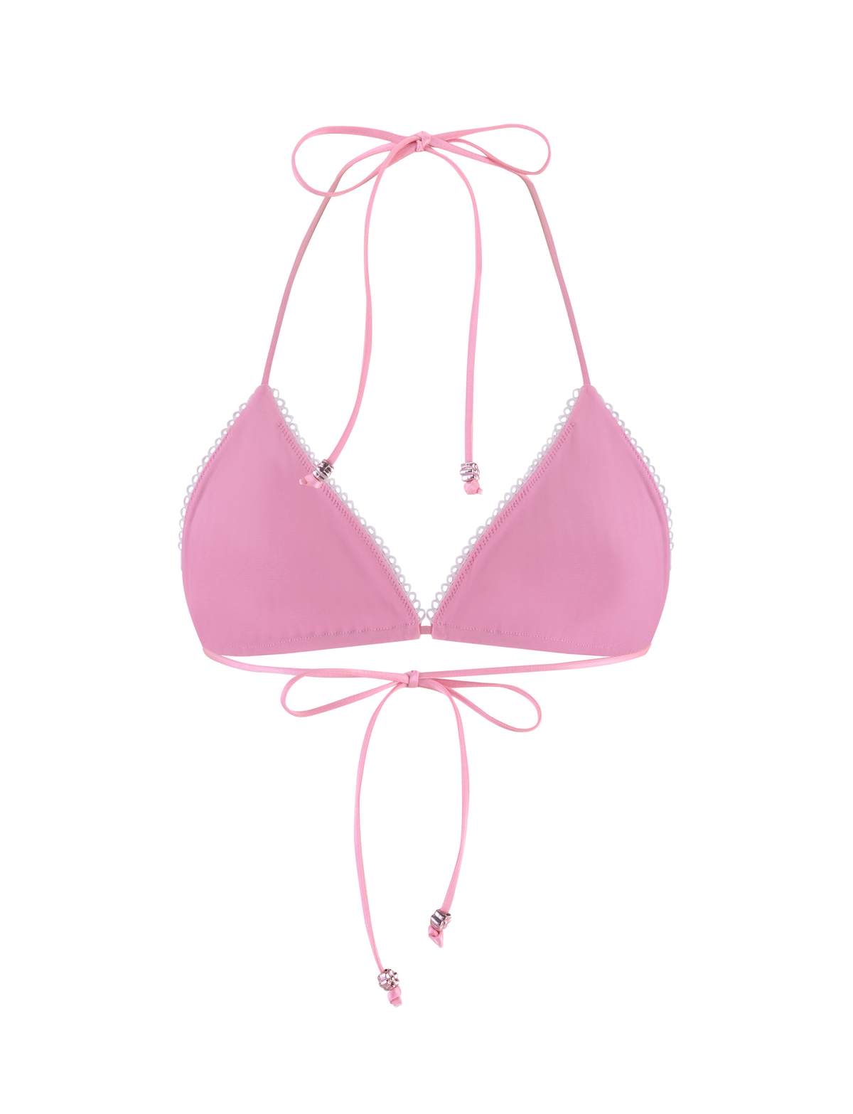 The SAHRA BIKINI TOP - PINK FLOWER STRIPE by TIGERMIST features thin halter neck and back ties with bead accents, textured rib fabric, white lace trim, and a pink stripe floral design, displayed on a white background.