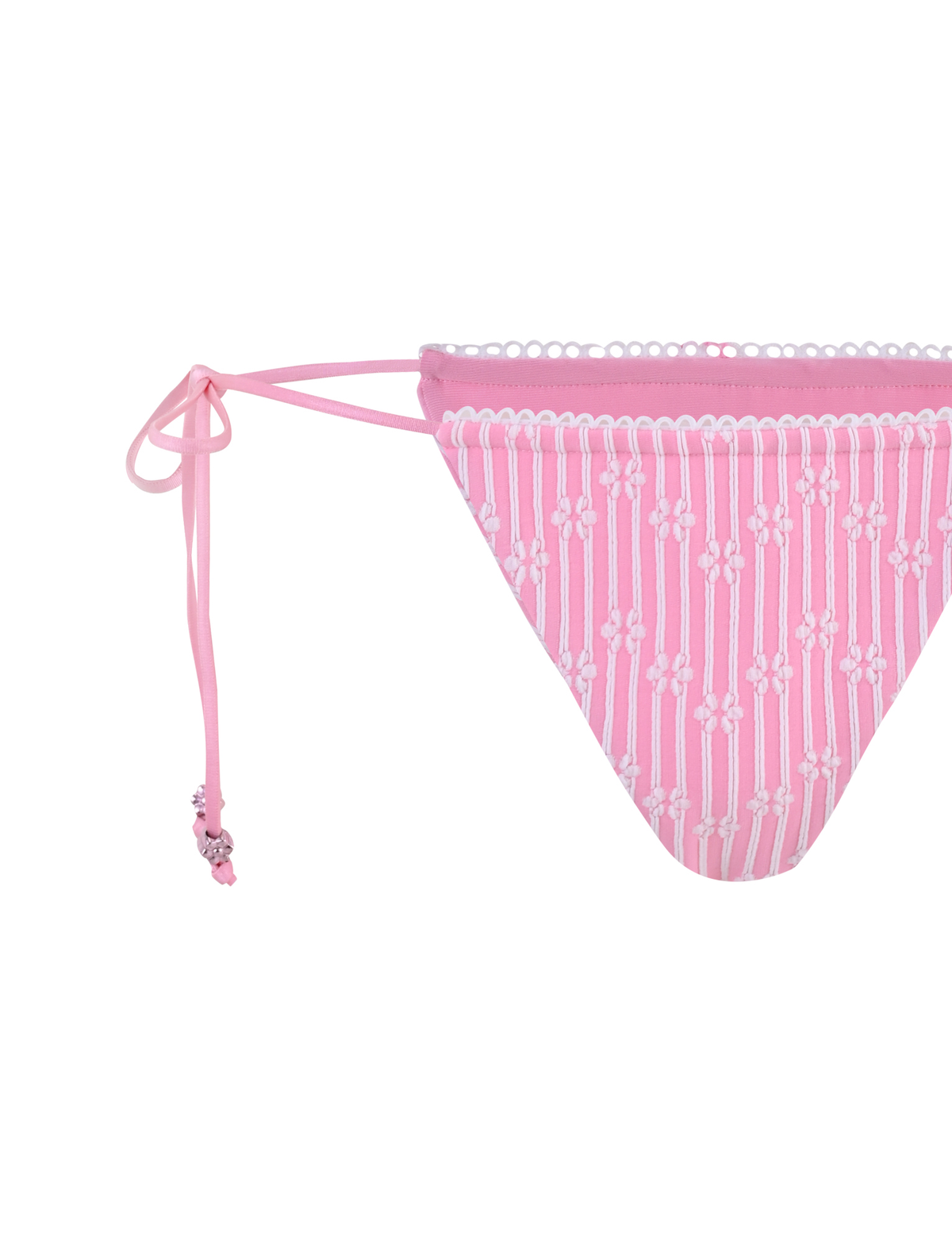 TIGERMIST SAHRA BIKINI 2PC BOTTOM in pink features a textured rib fabric with white floral details, vertical stripe accents, and adjustable side ties.