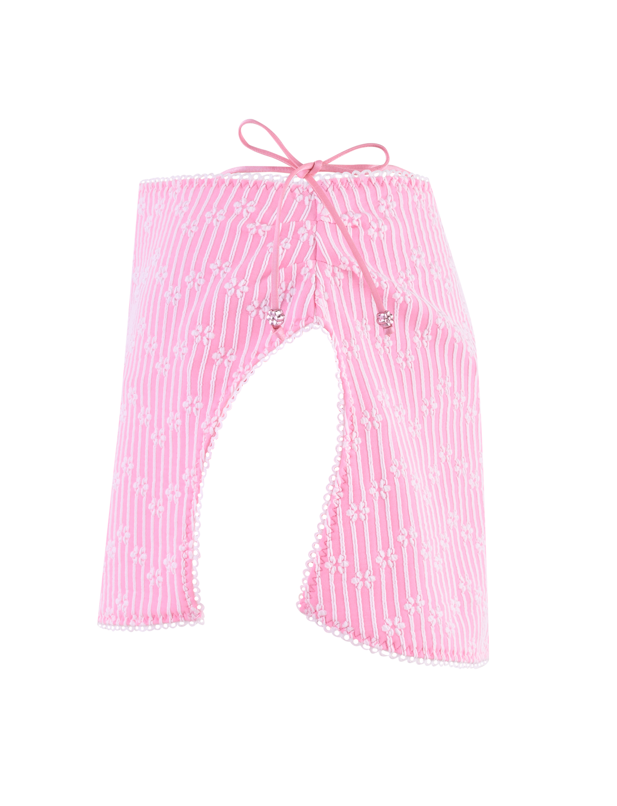 The SAHRA BIKINI 2PC BOTTOM - PINK FLOWER STRIPE by TIGERMIST features pink, high-waisted chaps in ribbed fabric with white stripes, floral patterns, a lace-up front, and scalloped edges.