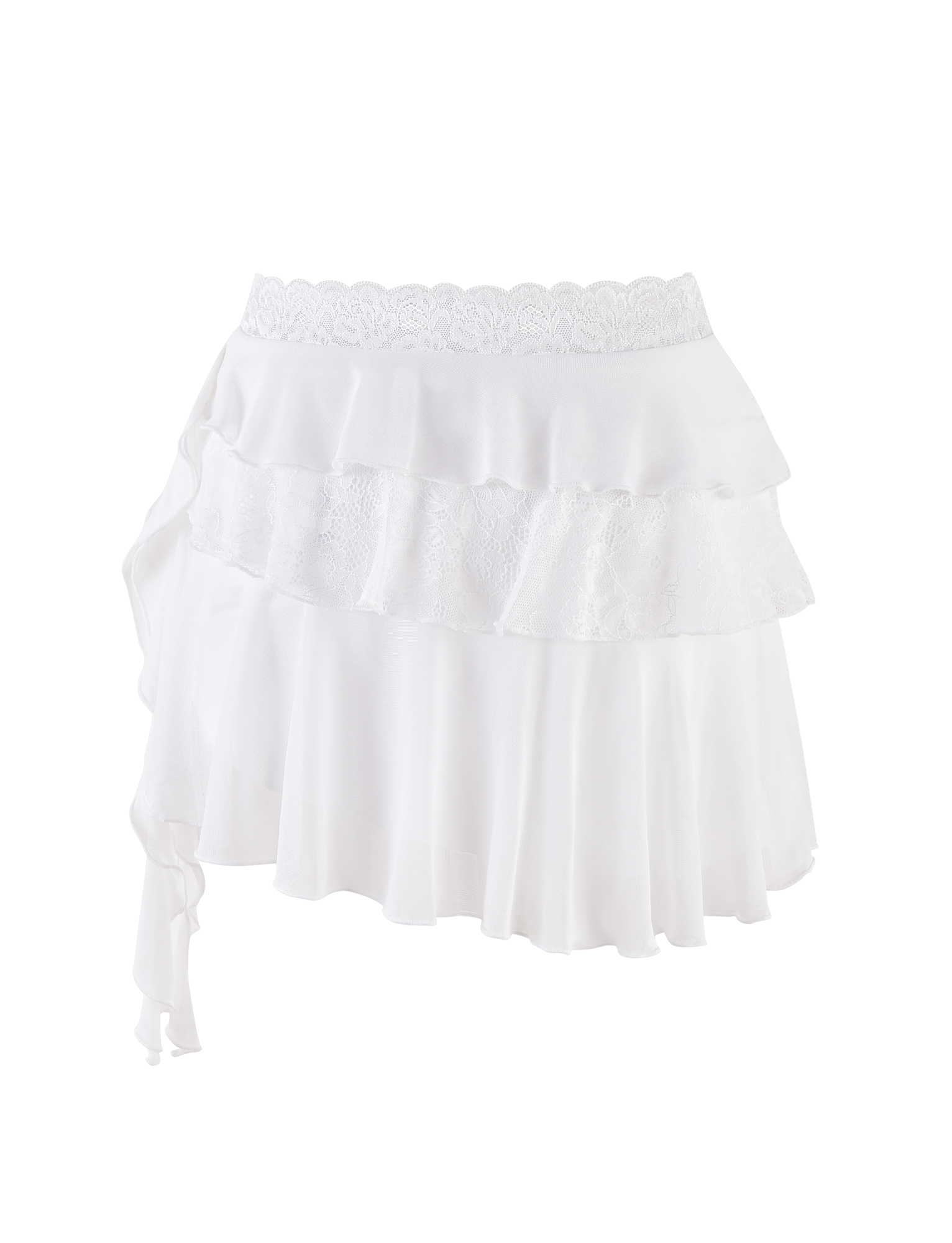 The AVALYN SKIRT - WHITE by TIGERMIST features layered ruffles, lace trim at the waistband, and stretchy fabric for comfort. Shown on a plain background.