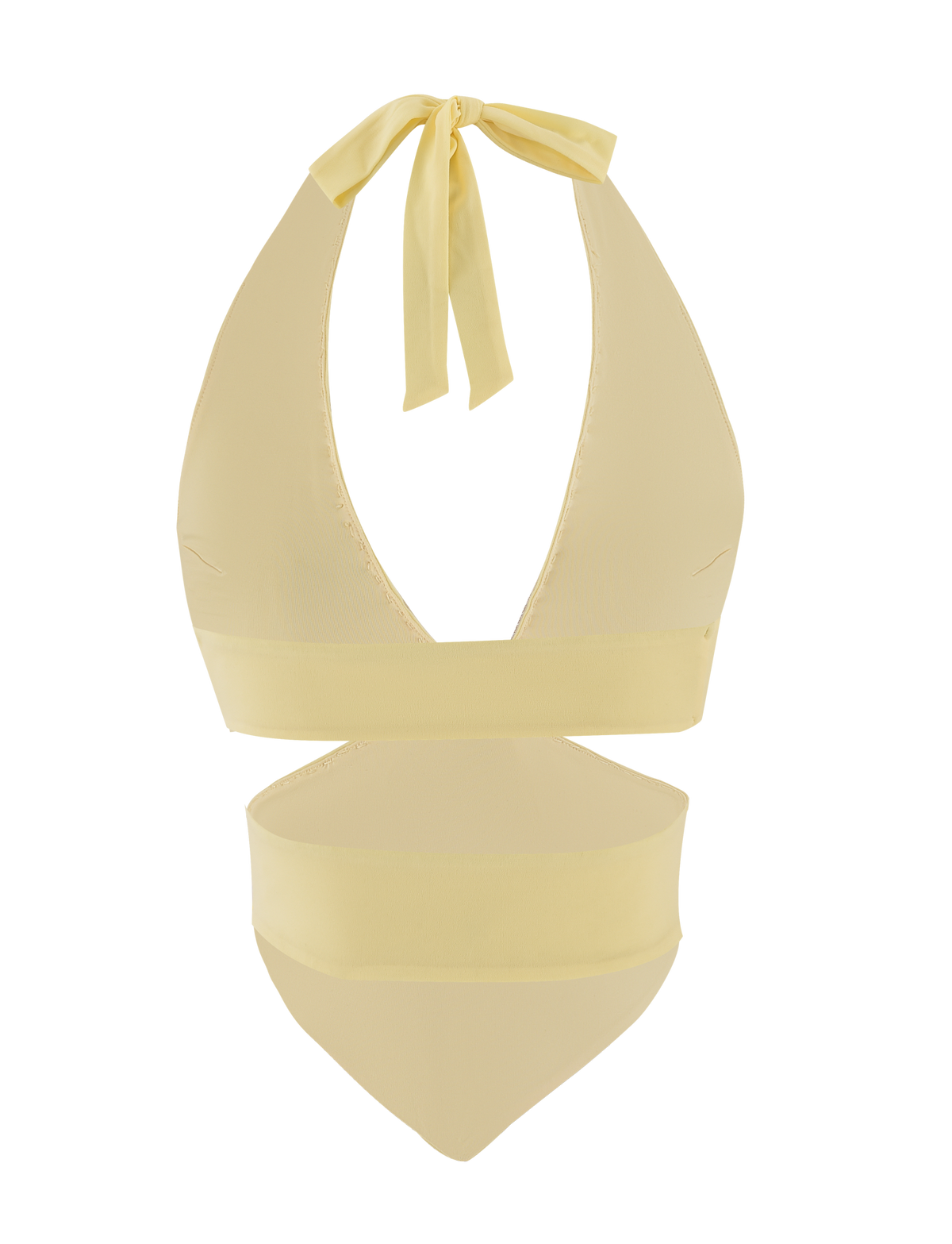 The TIGERMIST LIZZIE TOP - LEMON is a light yellow halter bikini top with a deep V neckline and beaded trim, paired with matching high-waisted bottoms, shown on a plain white background.
