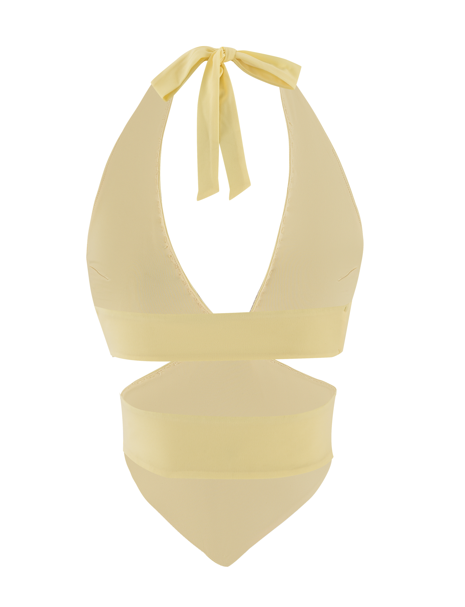 The TIGERMIST LIZZIE TOP - LEMON is a light yellow halter bikini top with a deep V neckline and beaded trim, paired with matching high-waisted bottoms, shown on a plain white background.