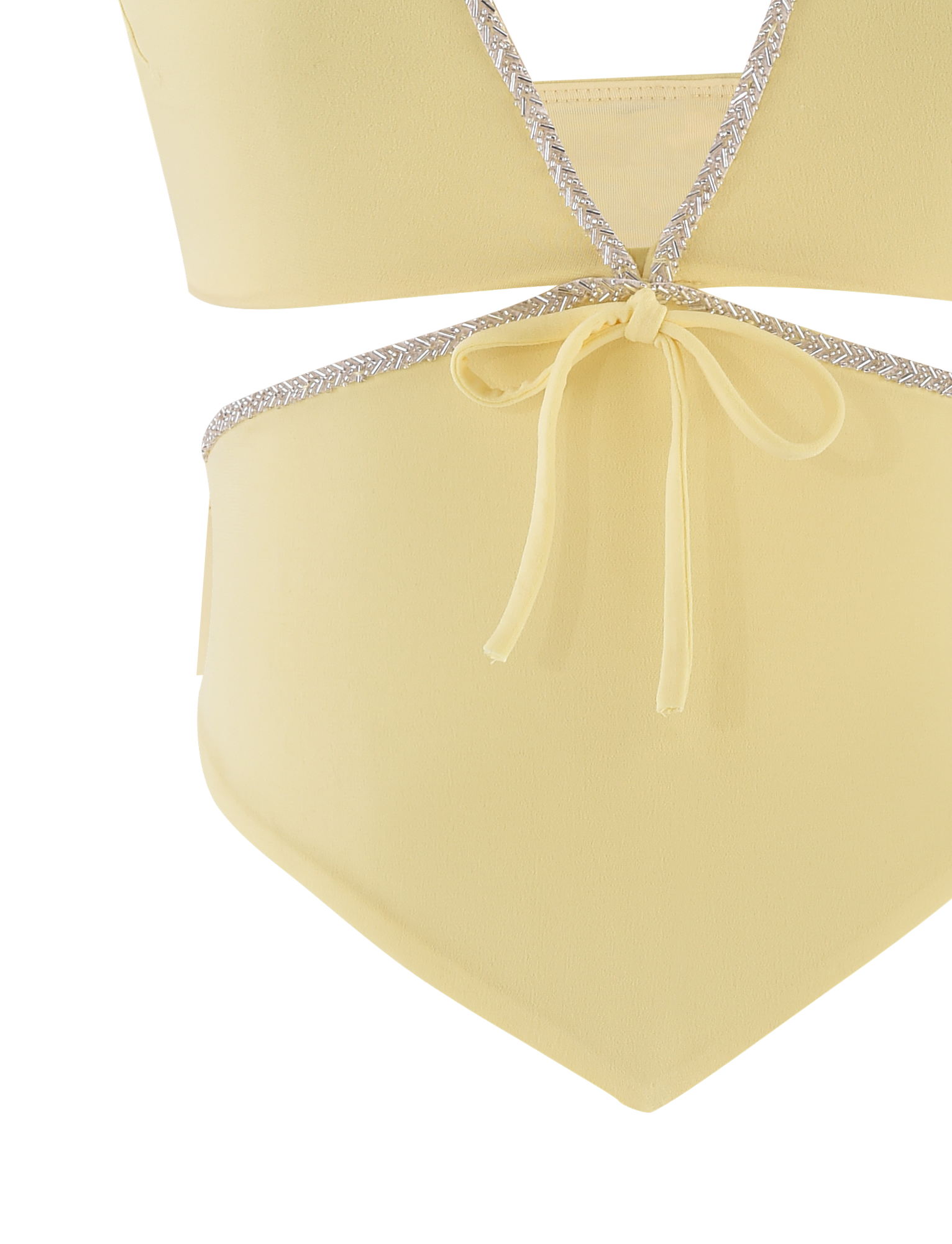The TIGERMIST LIZZIE TOP in Lemon is a yellow one-piece with a deep V-cut, sparkly beaded trim, front waist tie, and stylish cutouts for added flair.