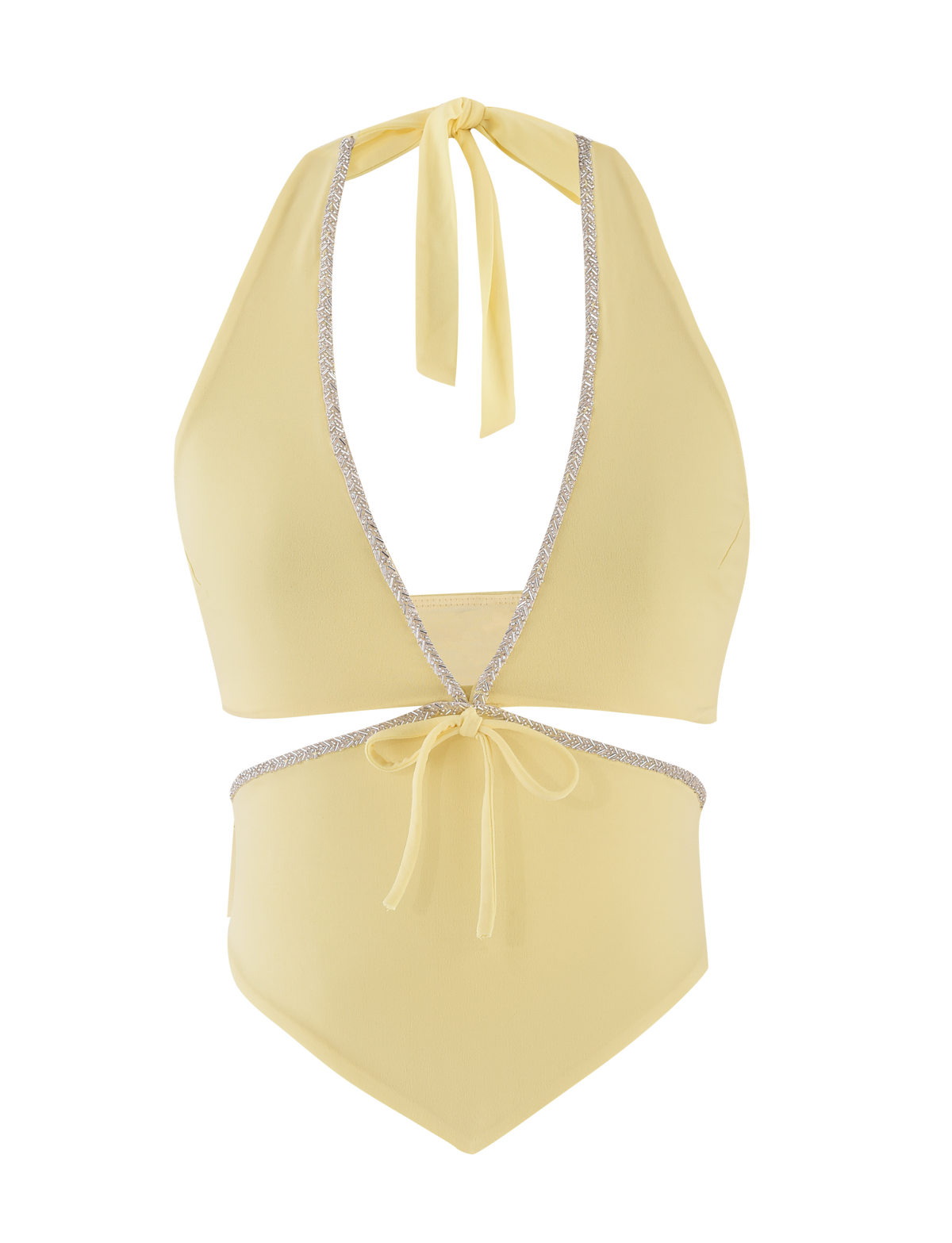 The LIZZIE TOP - LEMON by TIGERMIST is a light yellow halter-style swim top with a deep V neckline, cut-out details, silver trim accents, and adjustable bow ties at the neck and waist.