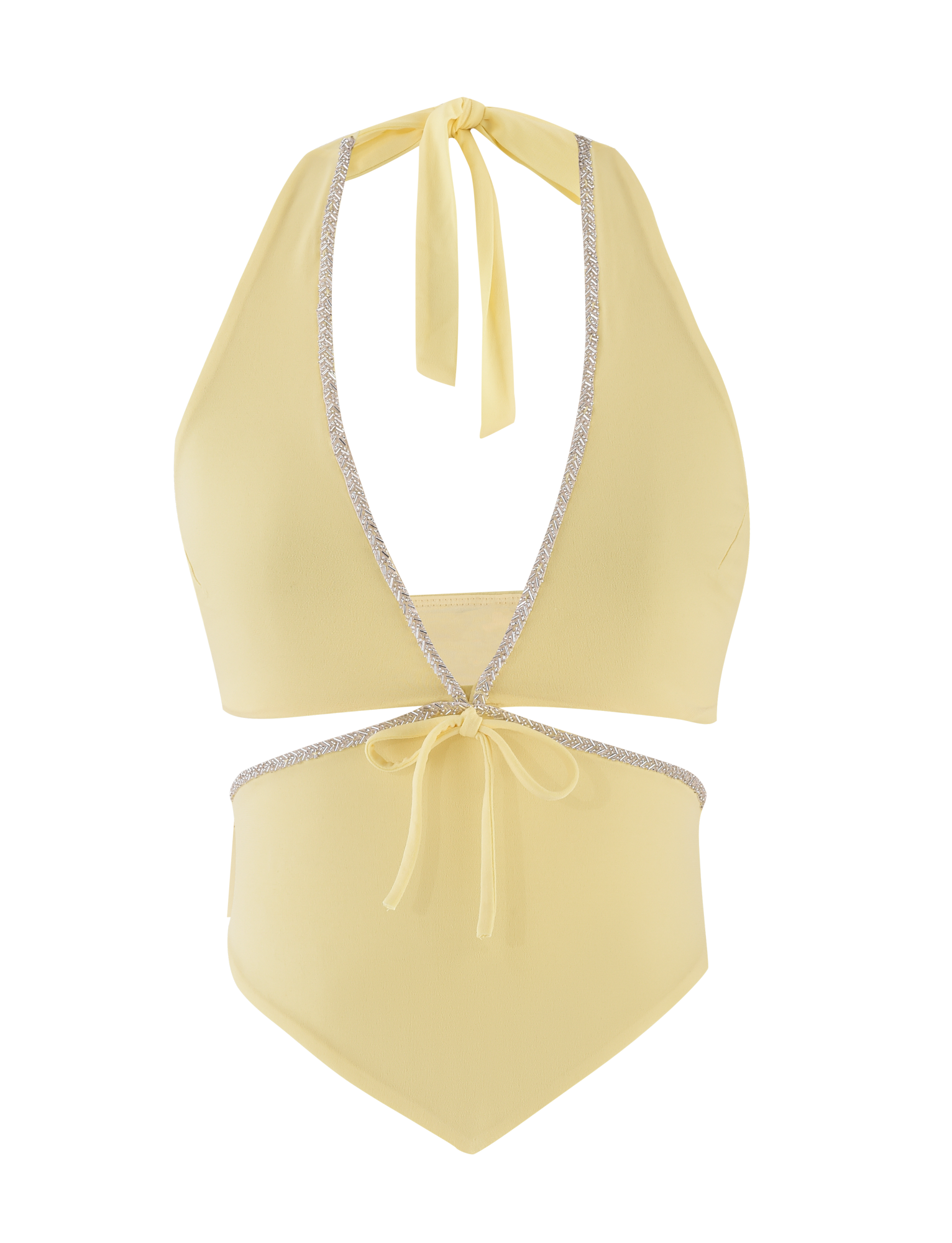 The LIZZIE TOP - LEMON by TIGERMIST is a light yellow halter-style swim top with a deep V neckline, cut-out details, silver trim accents, and adjustable bow ties at the neck and waist.