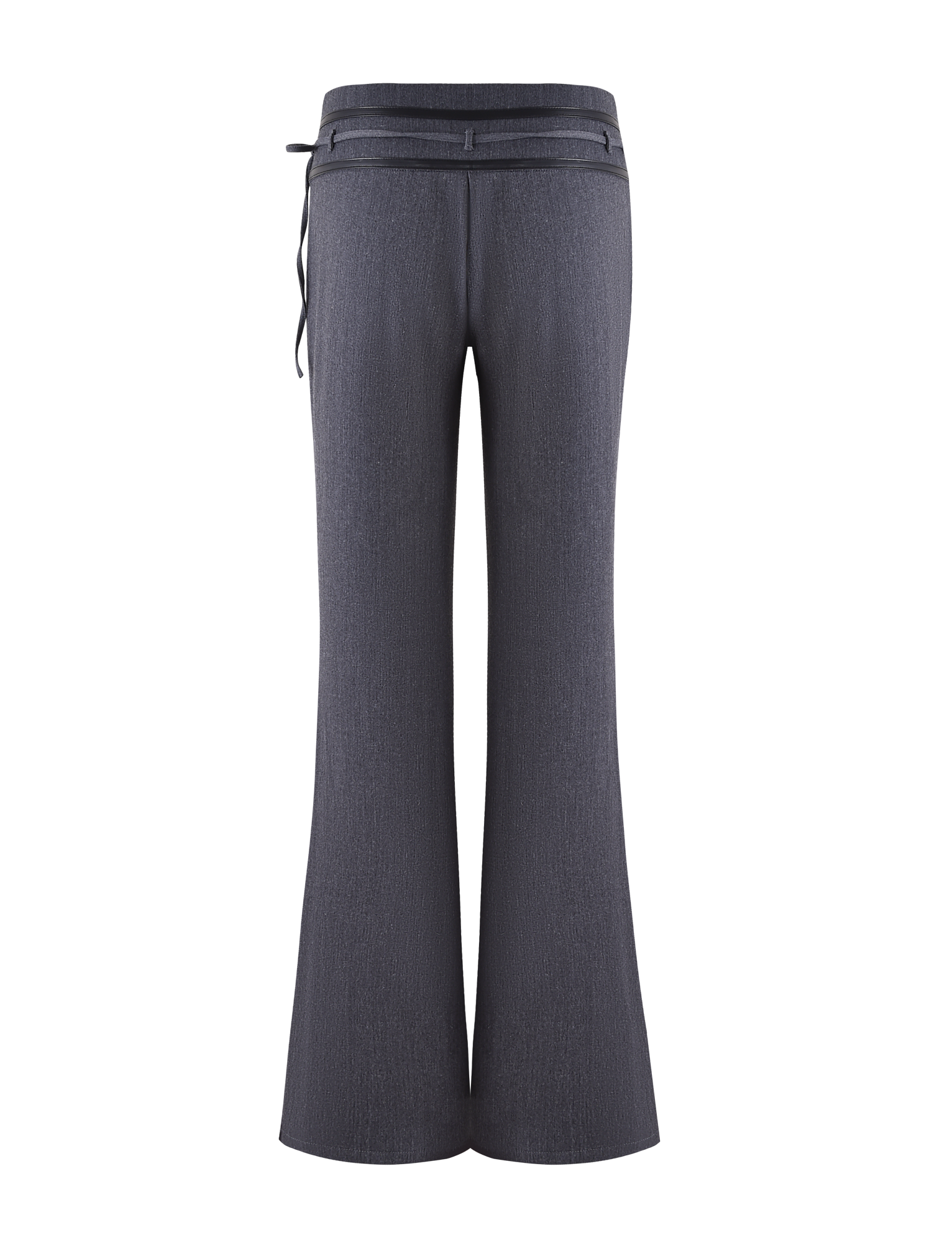 The FEDRA PANT - GREY by TIGERMIST is a pair of high-waisted, dark gray suit pants with a subtle texture, back view, featuring belt loops on the waistband and a slim left-side belt.