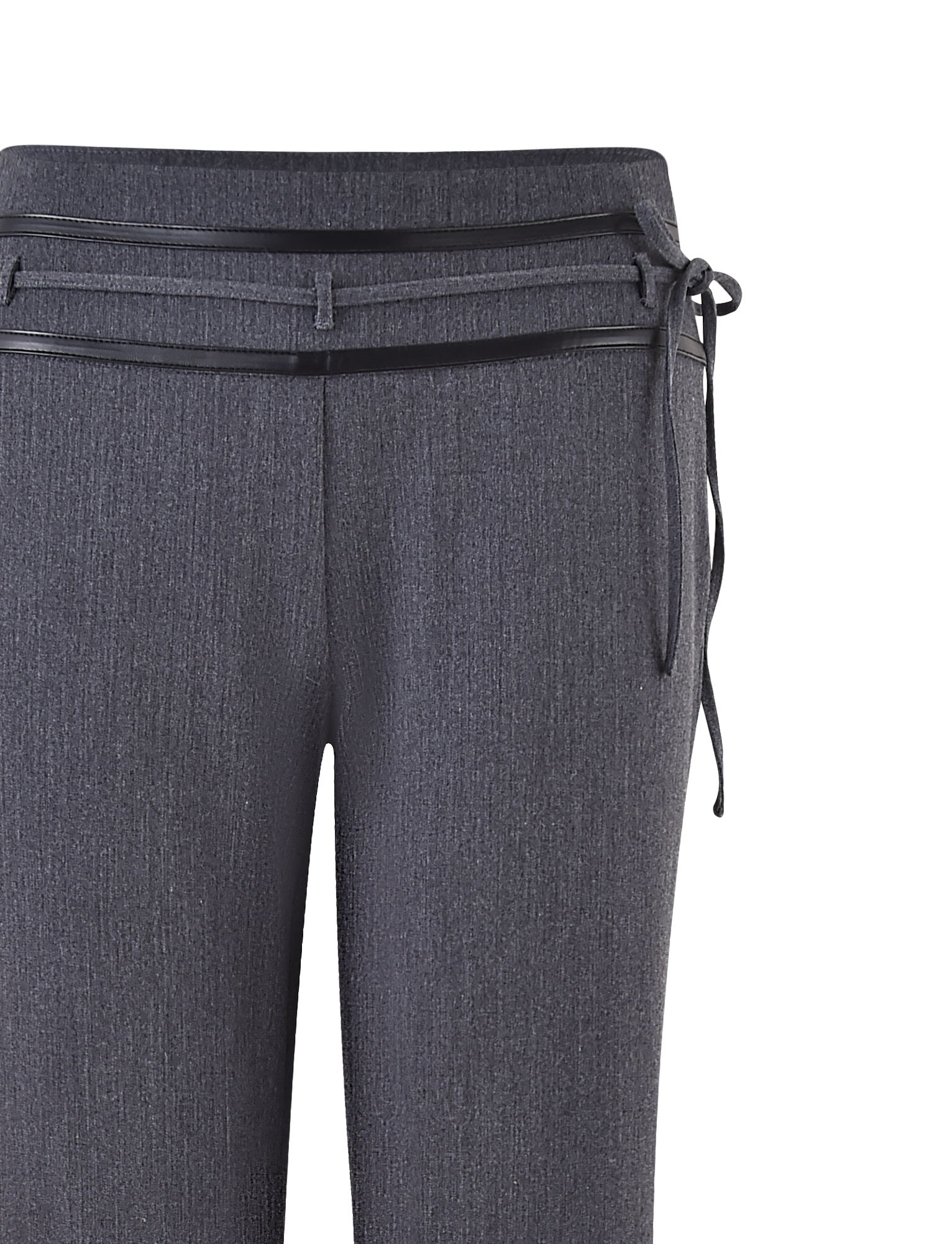 The TIGERMIST FEDRA PANT - GREY is a dark gray, mid-rise tailored pant with subtle texture, slim legs, and a matching knotted belt. The image showcases the waistband and sleek belt detail.