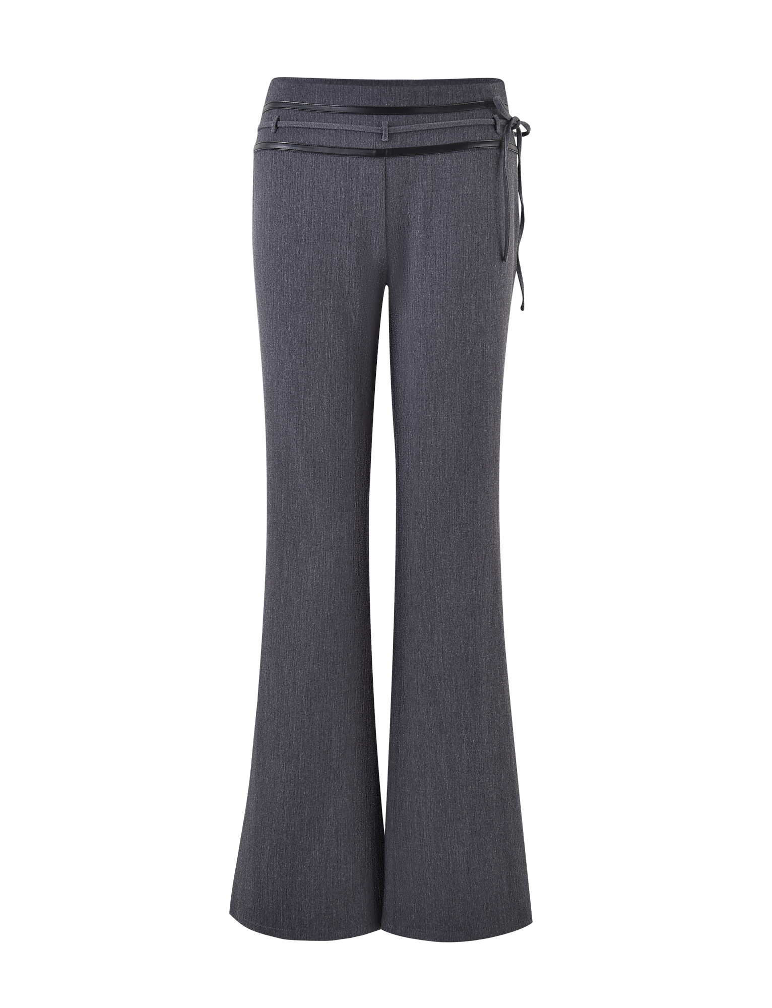 The FEDRA PANT - GREY by TIGERMIST features high-waisted, wide-leg suit pants with subtle texture, a thin matching waist belt, and PU leather trim, displayed on a plain background.