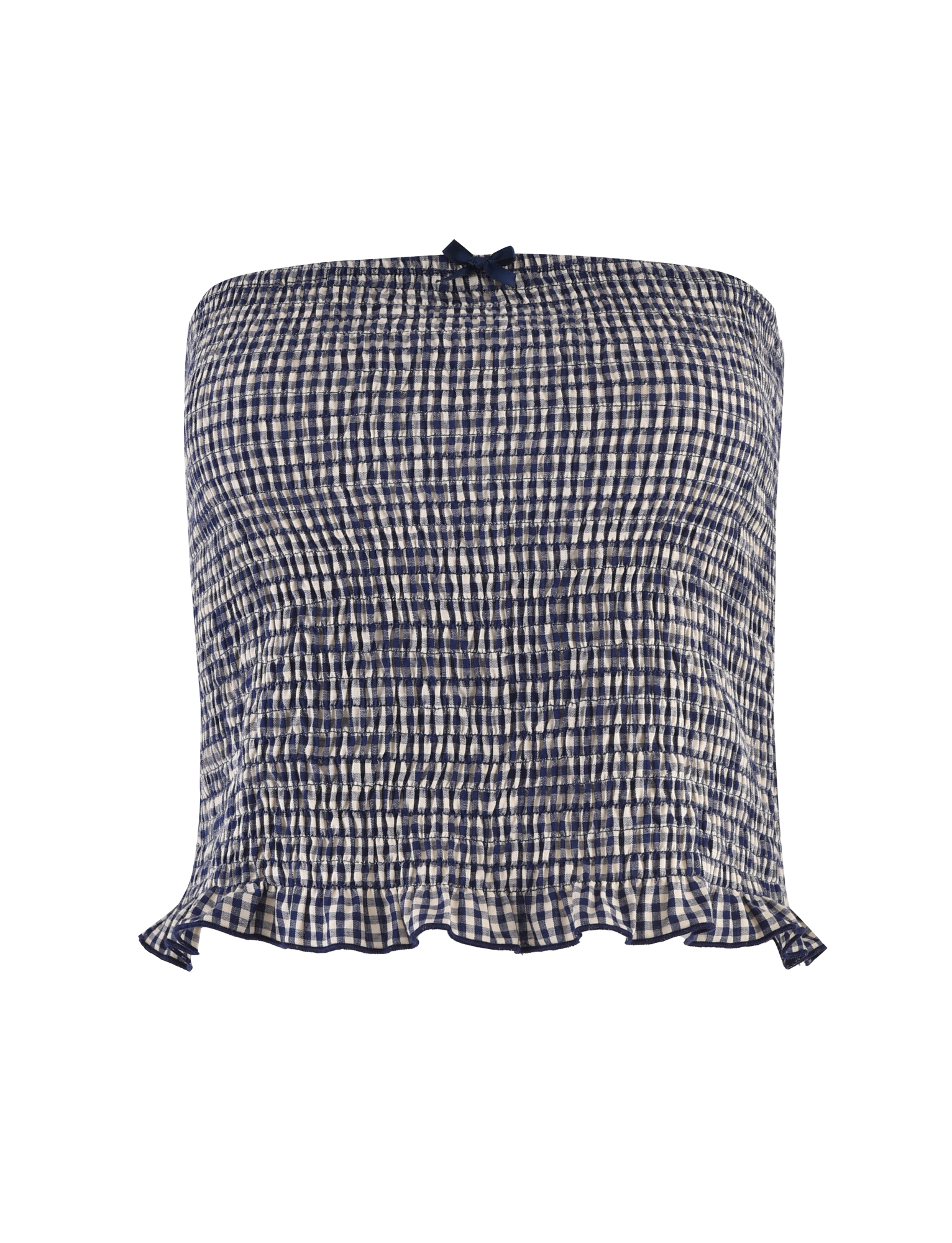 The ERYNN TOP - NAVY GINGHAM by TIGERMIST is a blue and white gingham strapless top featuring a center bow, ruched detailing, bodycon fit, and ruffled hem.