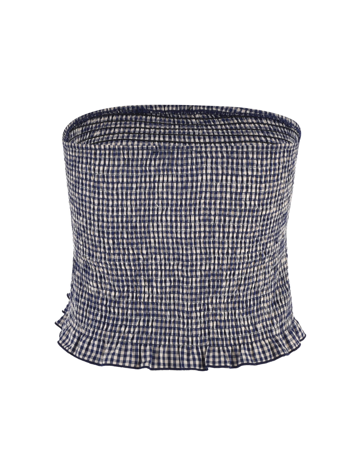 The TIGERMIST ERYNN TOP in navy gingham is a strapless, bodycon smocked top with a ruffled hem, shown on a white background.