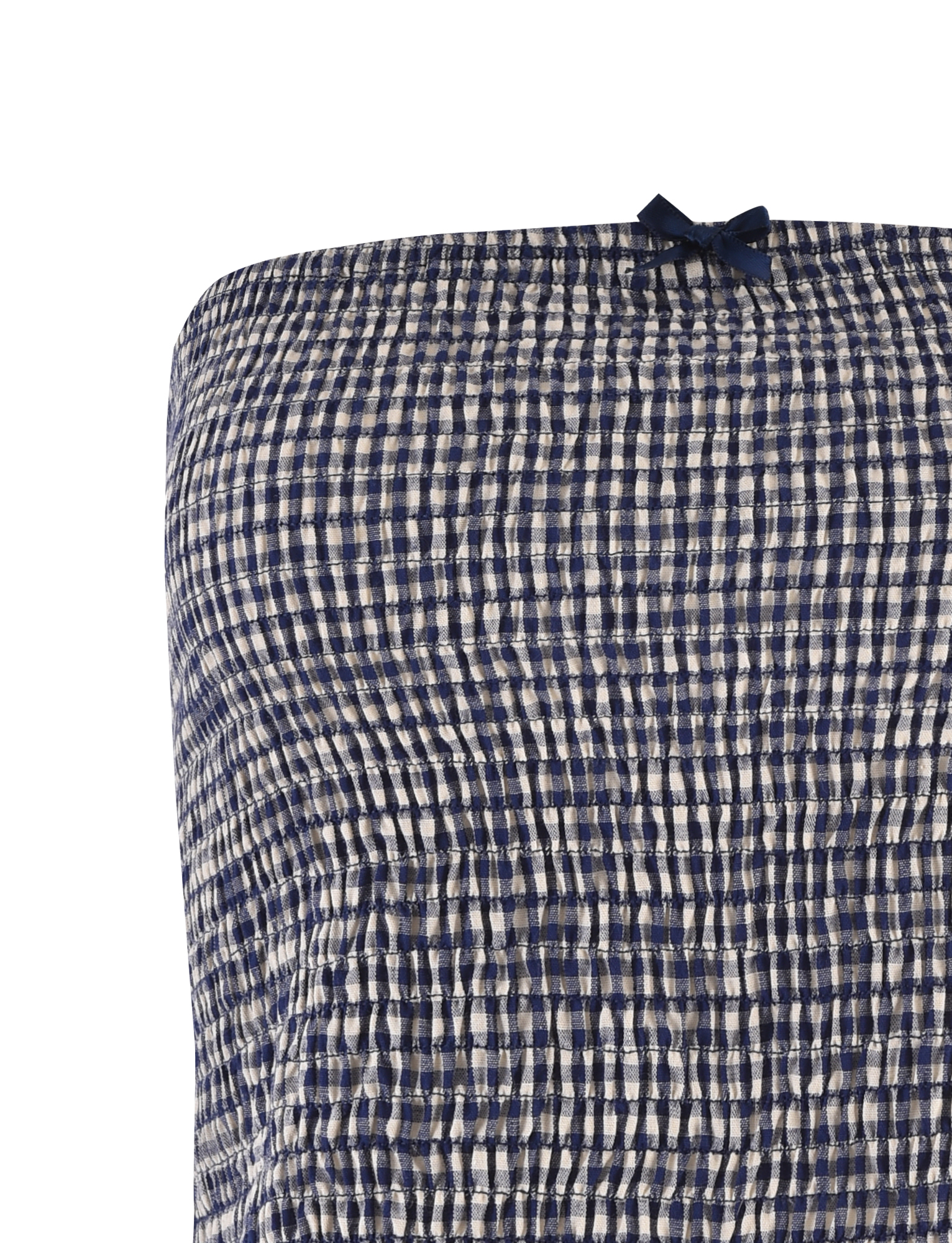 Close-up of the TIGERMIST ERYNN TOP in navy gingham, showcasing smocked, crinkled checkered fabric with a dark blue bow at the top center and a flattering bodycon fit.