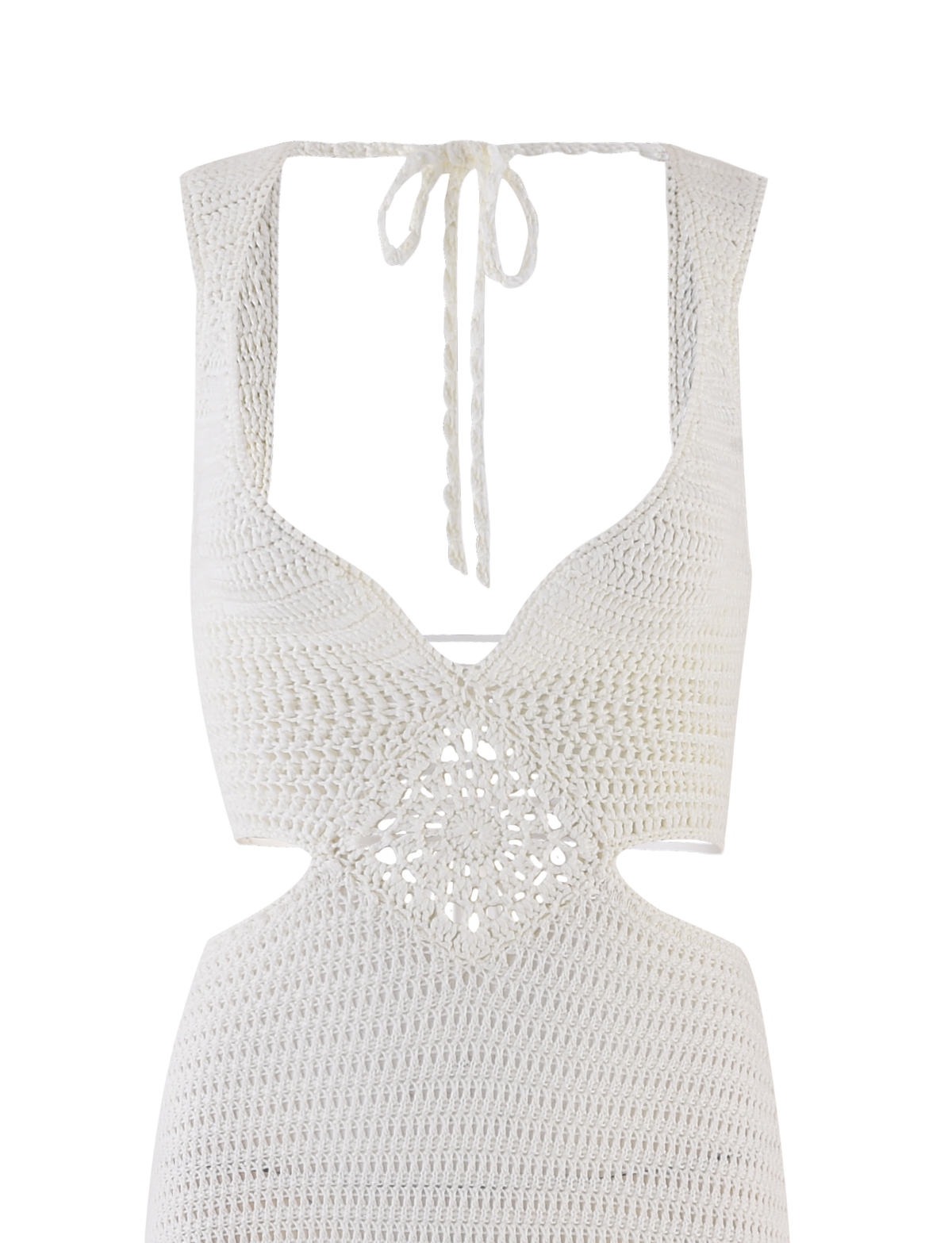 The TIGERMIST JONAH MAXI DRESS in cream is a sleeveless, halter neck tie maxi dress featuring an open back and diamond crochet detail at the waist for a stunning look.