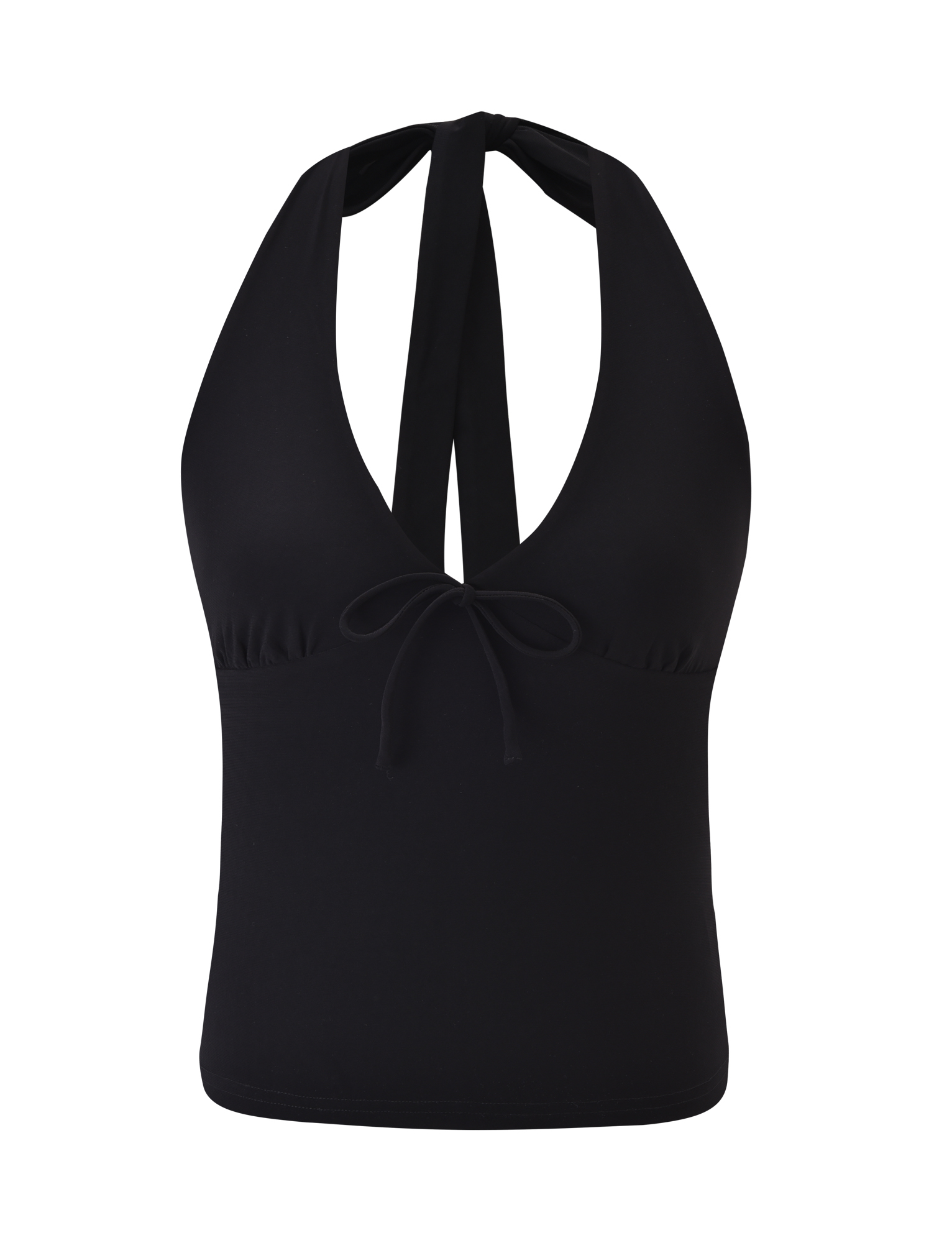 The ZINZIE HALTER TOP by TIGERMIST is a black deep V halter-neck tank featuring a front tie detail, made from high stretch fabric and shown on a white background.