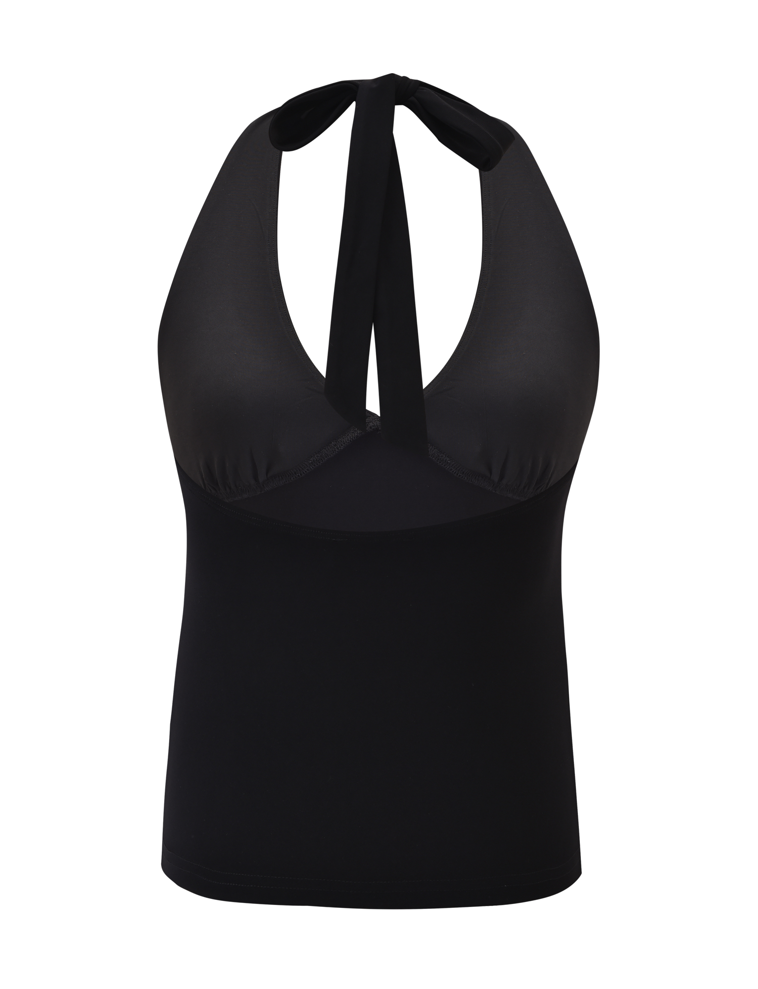 The ZINZIE HALTER TOP - BLACK by TIGERMIST features a deep V neckline, tie detail at the neck, and is crafted from buttery high-stretch jersey fabric, shown on a plain white background.
