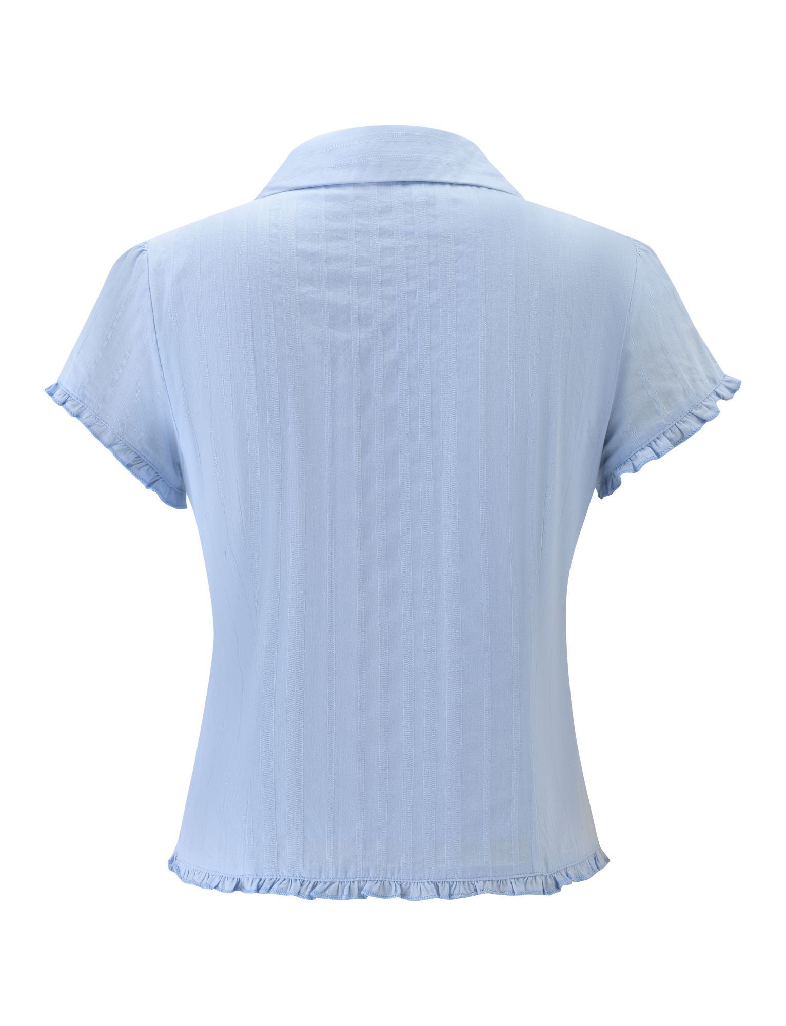 The TIGERMIST VALERIE SHORT SLEEVE SHIRT in baby blue is shown from the back, featuring a collar, subtle vertical stripes, and ruffled edges on the sleeves and hem for a delicate look.