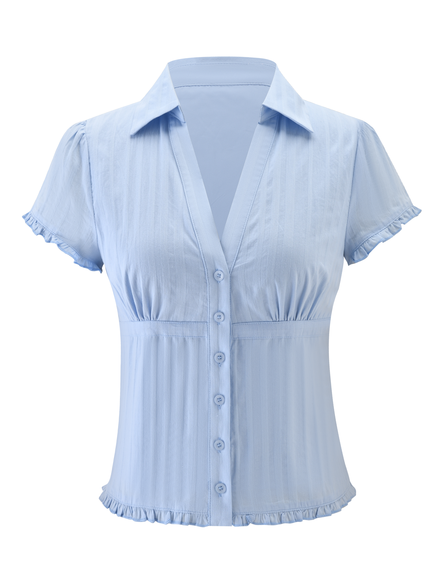 The TIGERMIST VALERIE SHORT SLEEVE SHIRT in baby blue features a collared deep V-neck, button-down front, short sleeves, ruffled edges, and a subtle vertical stripe texture for added style.